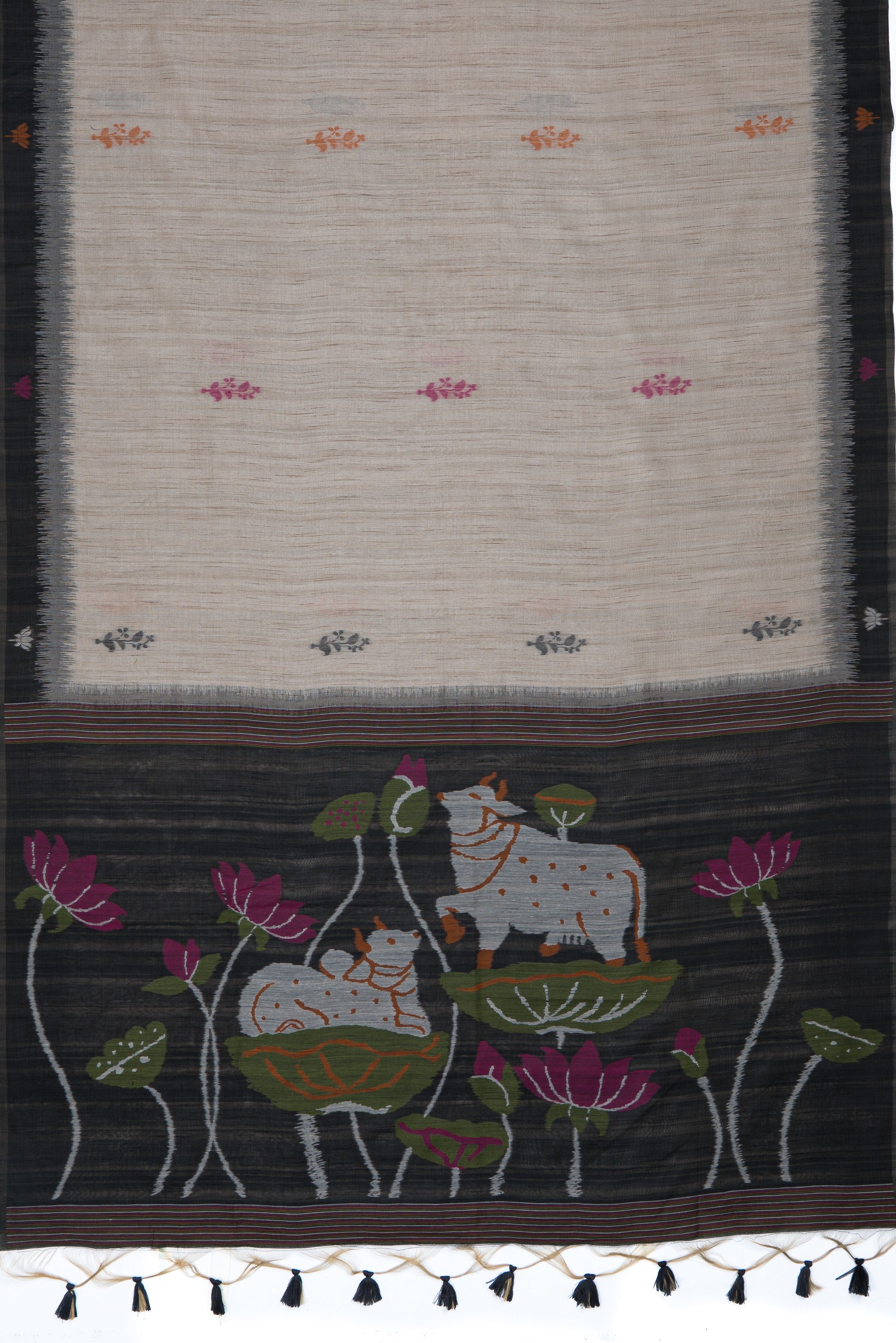 Black and Cream Paithani-Concept Saree with Nandi Pallu and Floral Pallu