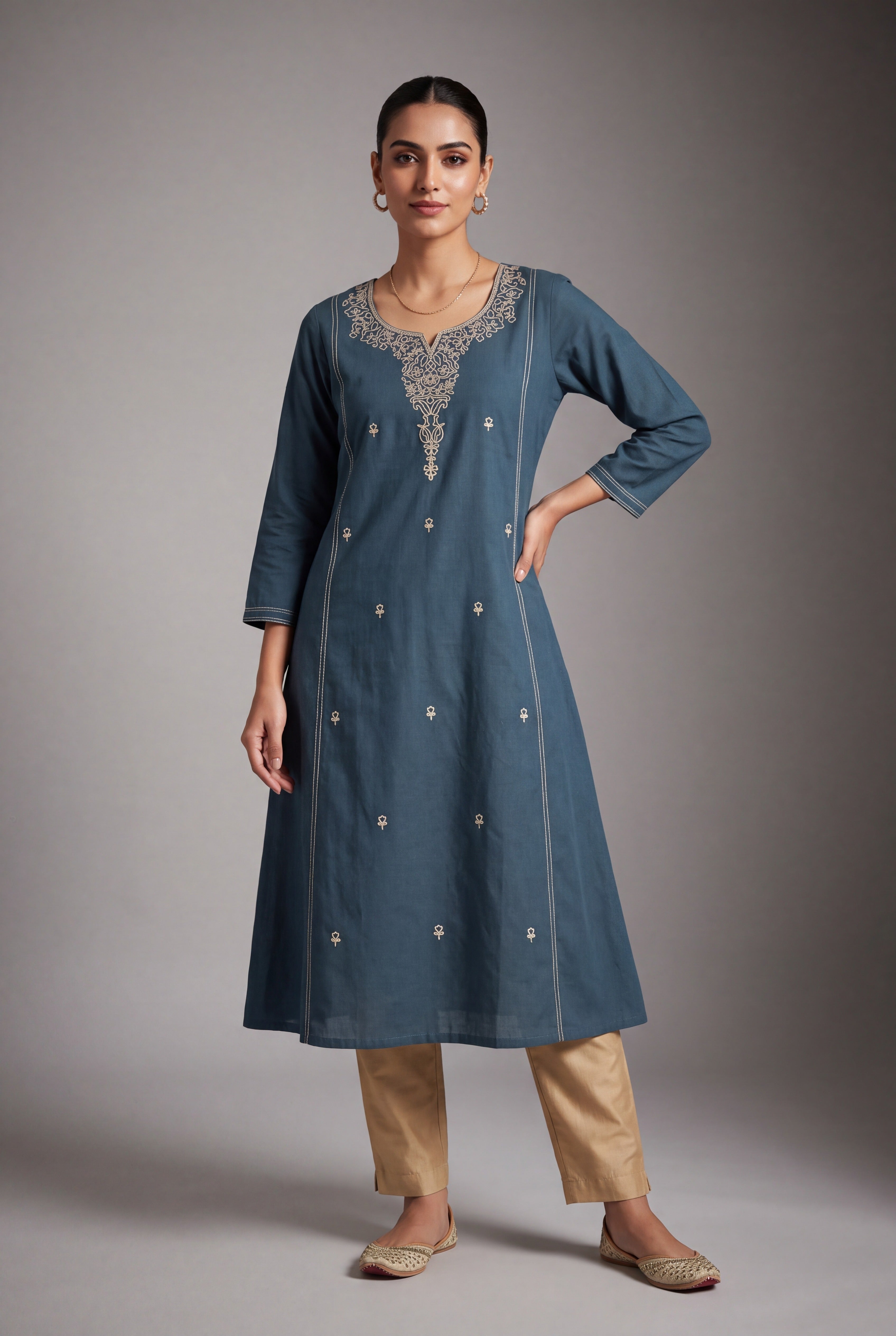 Blue Cotton Jaladhi Kurti with Coffee Chikan-Inspired threadwork