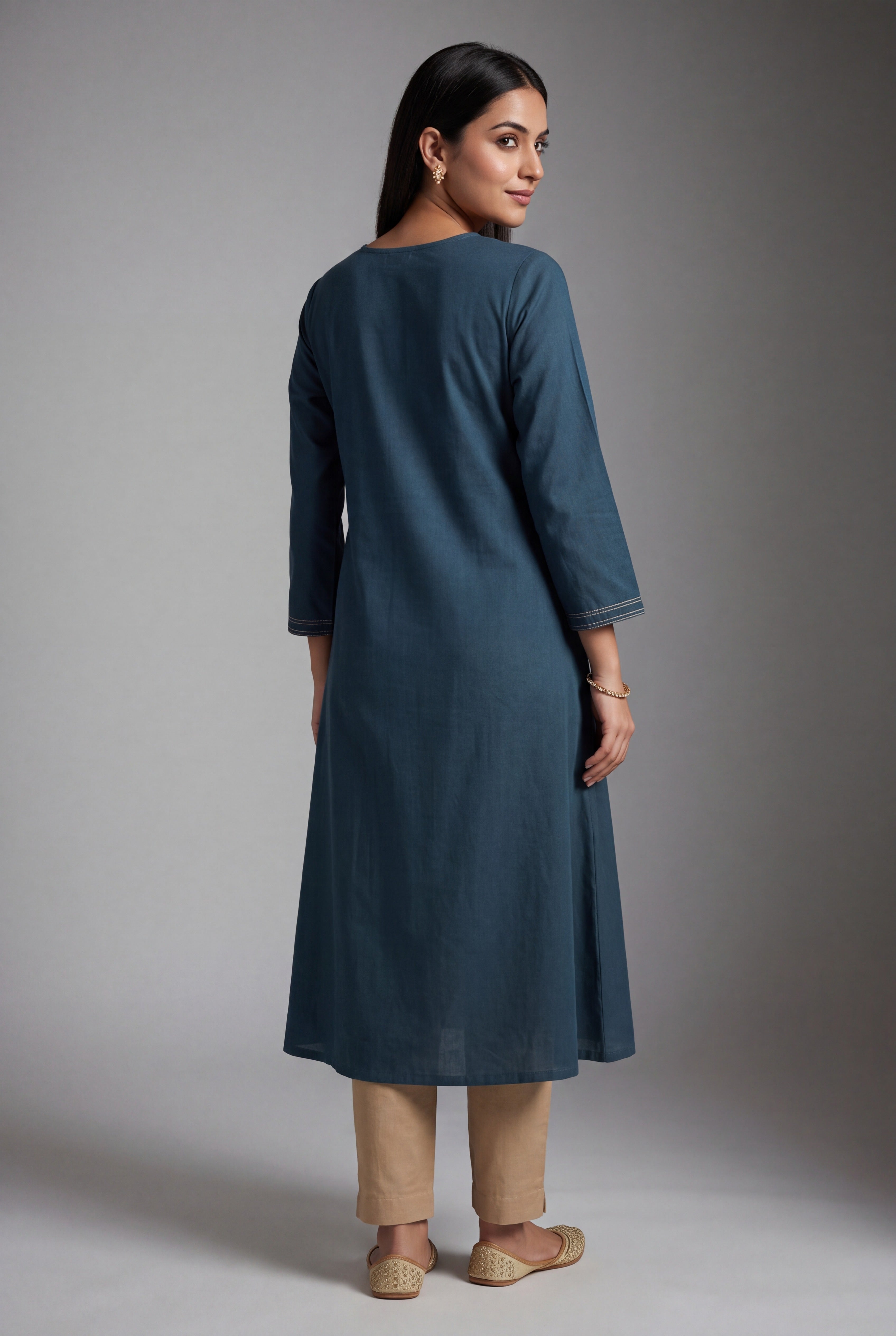 Blue Cotton Jaladhi Kurti with Coffee Chikan-Inspired threadwork