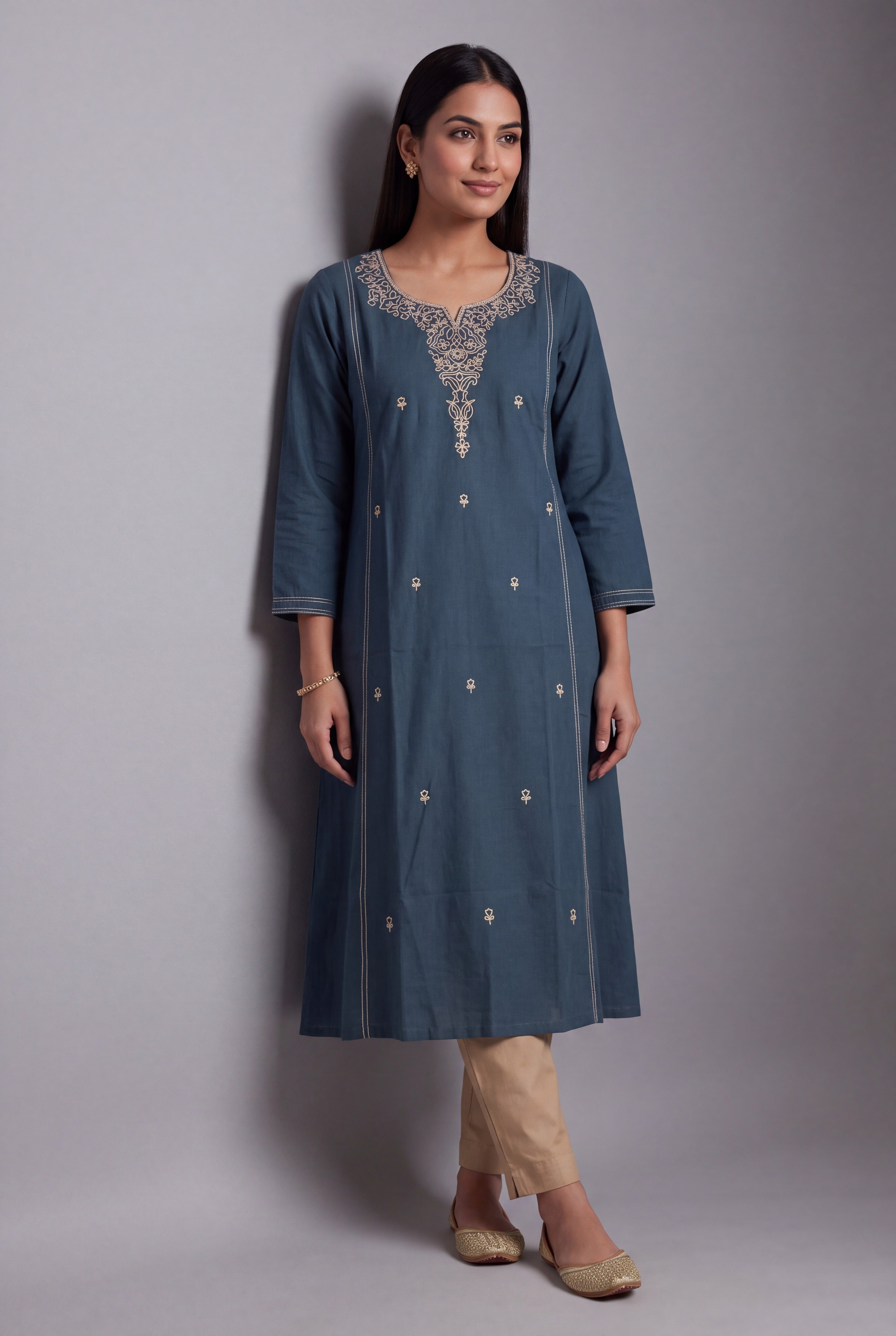 Blue Cotton Jaladhi Kurti with Coffee Chikan-Inspired threadwork