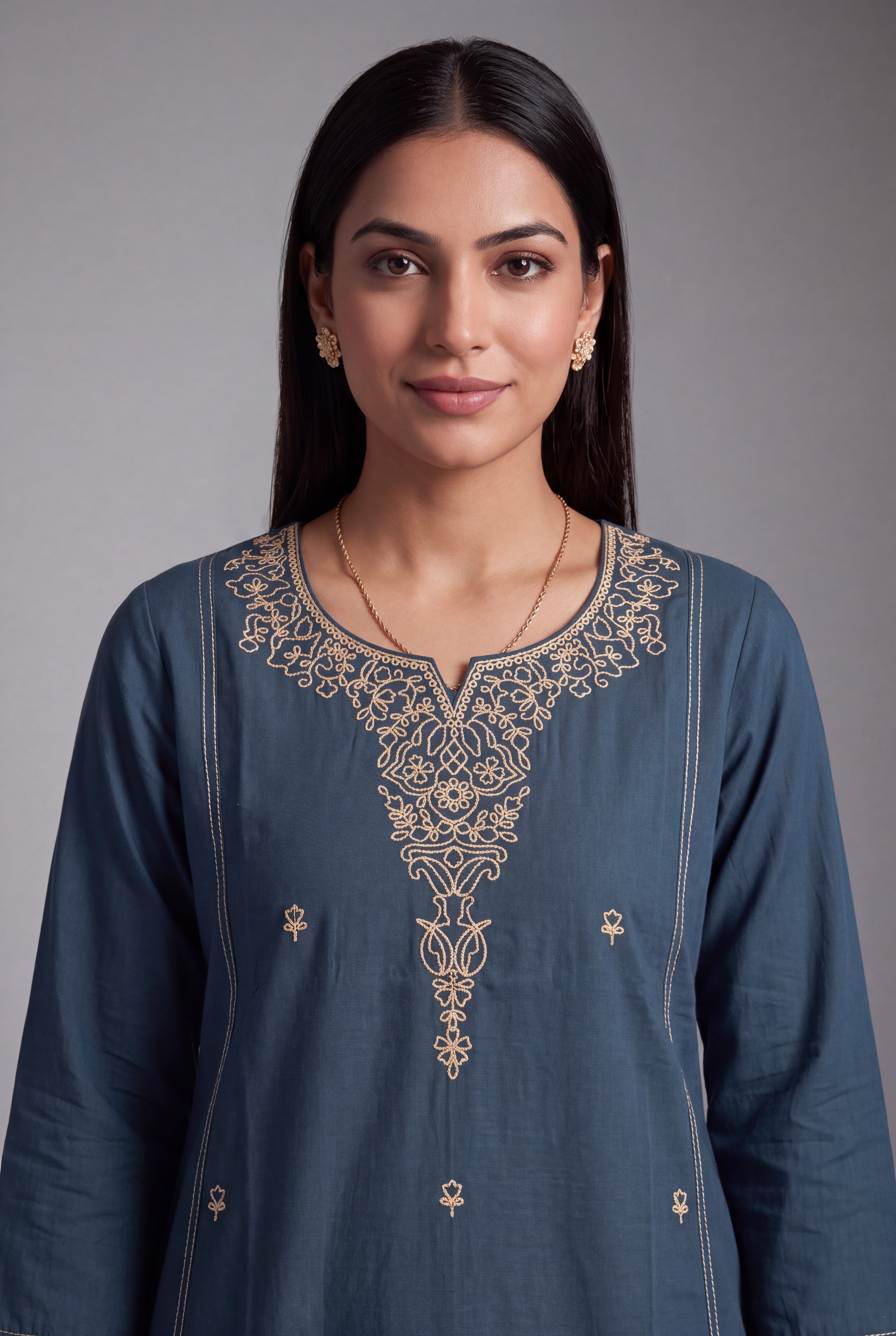 Blue Cotton Jaladhi Kurti with Coffee Chikan-Inspired threadwork