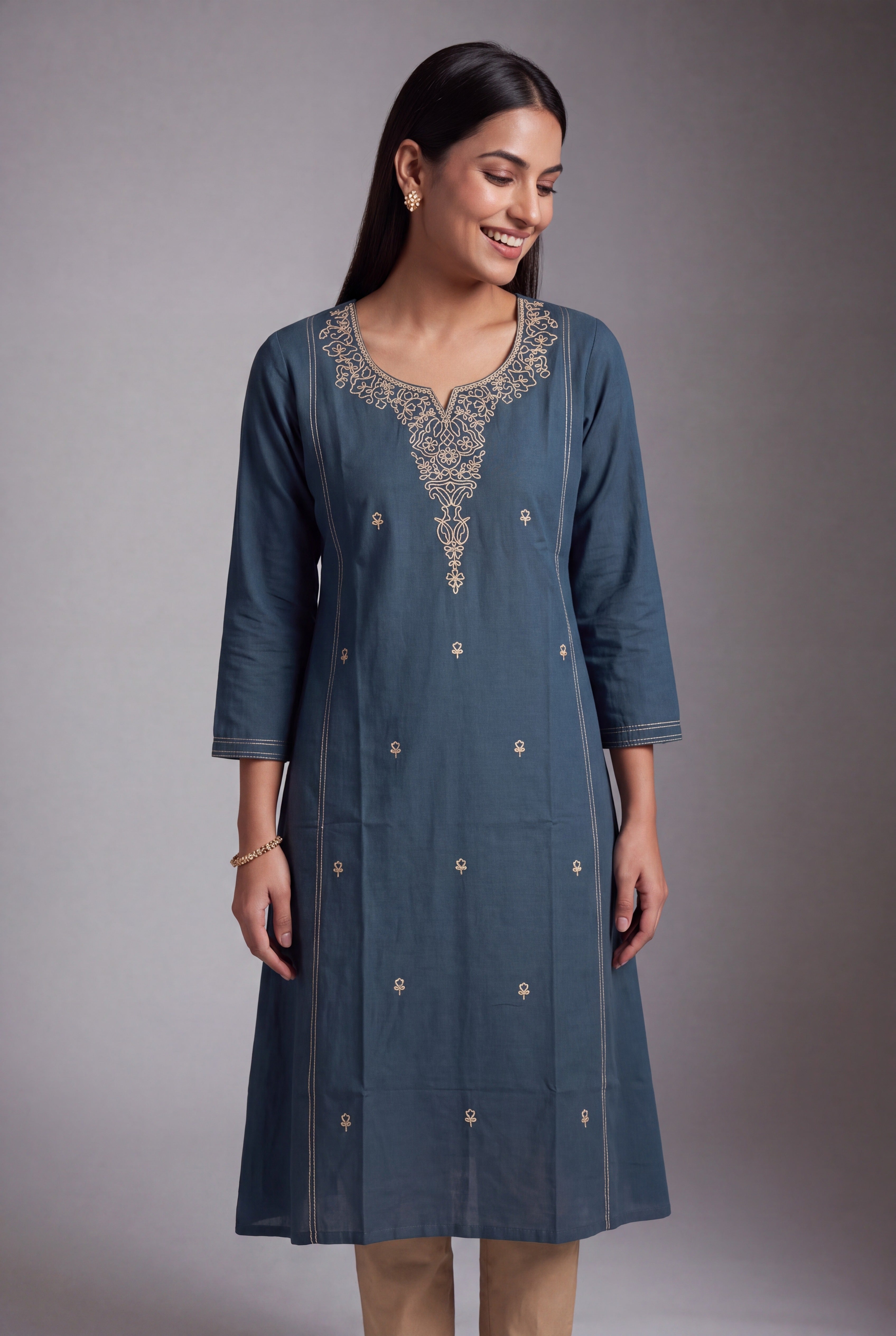Blue Cotton Jaladhi Kurti with Coffee Chikan-Inspired threadwork