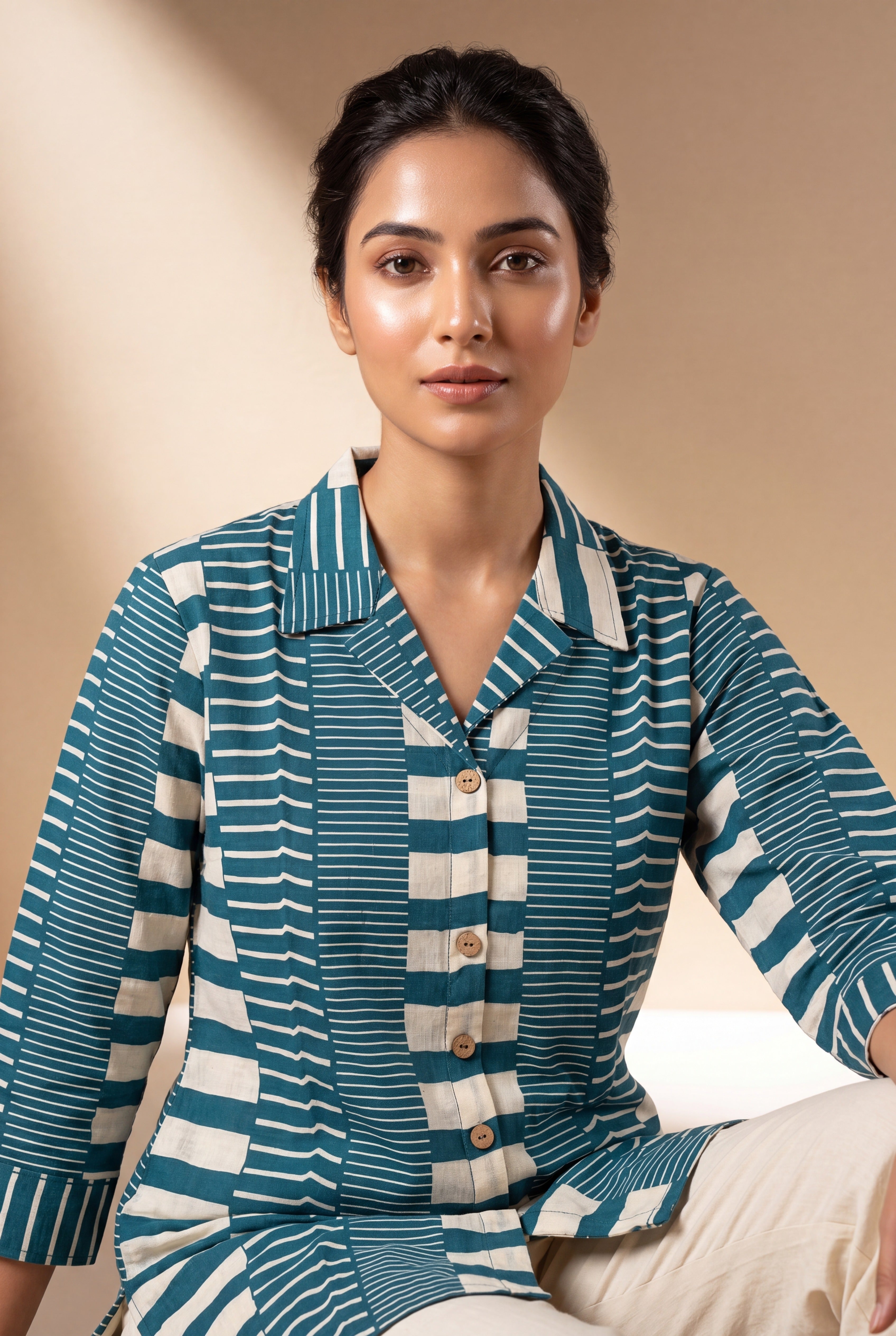 Blue Cotton Kurti with Geometric Stripe Print
