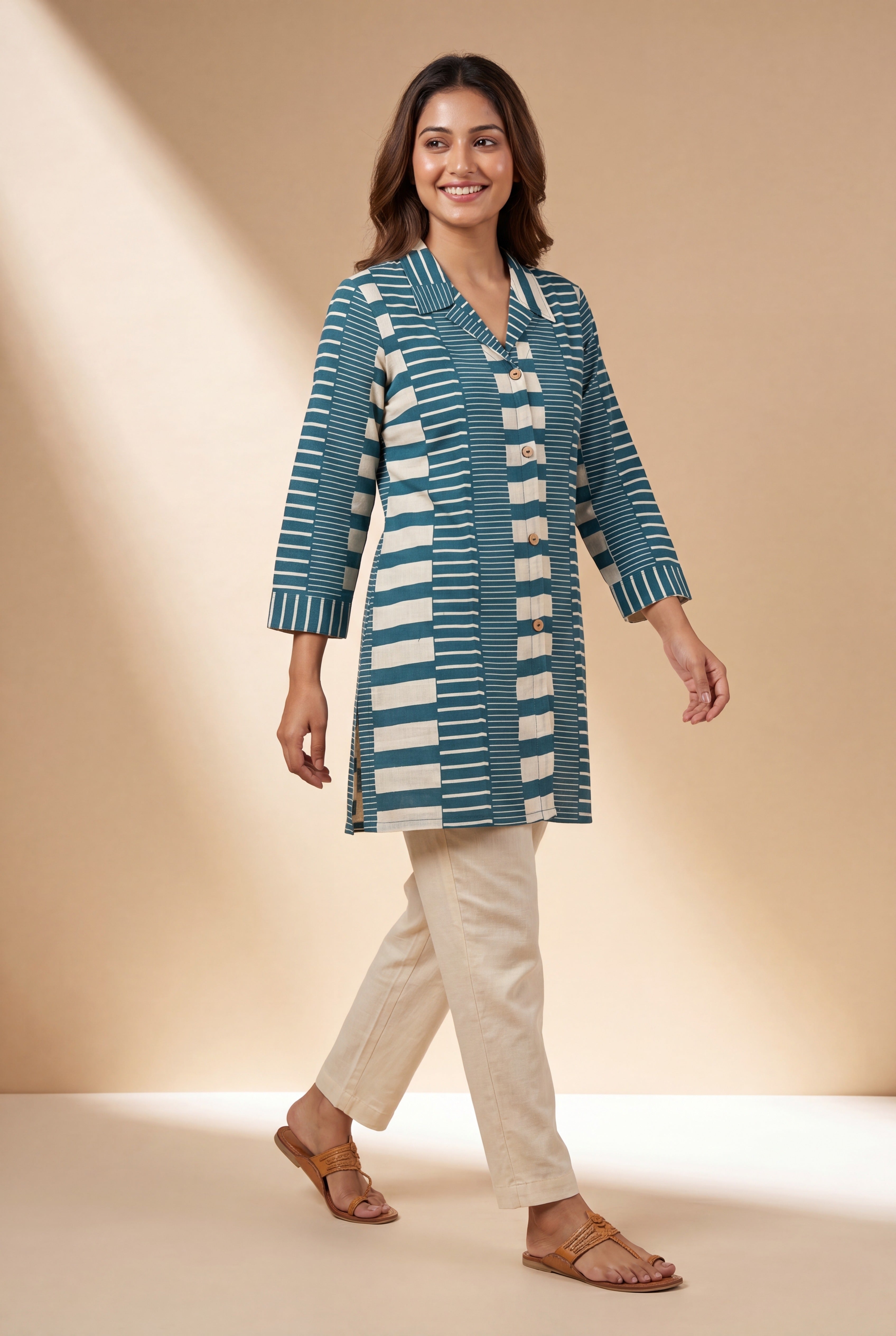 Blue Cotton Kurti with Geometric Stripe Print
