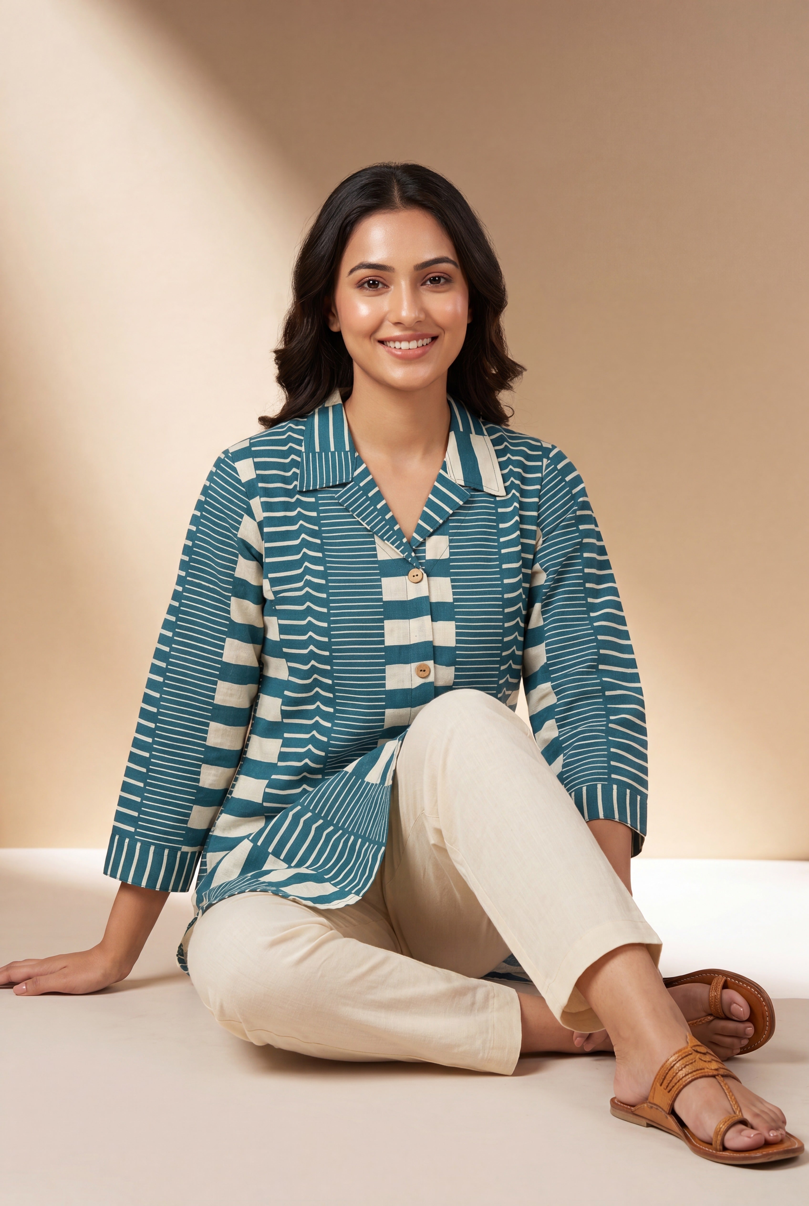 Blue Cotton Kurti with Geometric Stripe Print