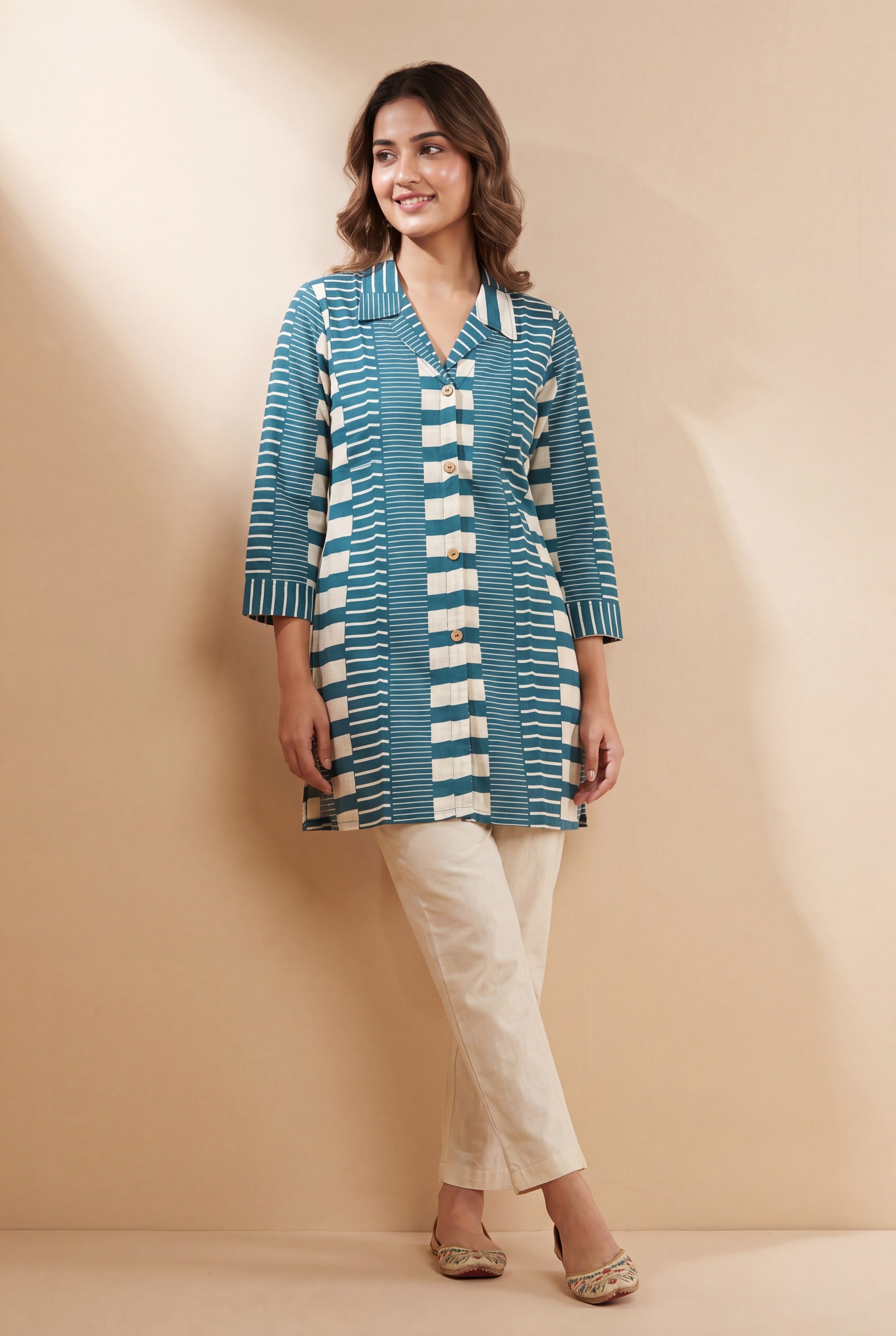 Blue Cotton Kurti with Geometric Stripe Print