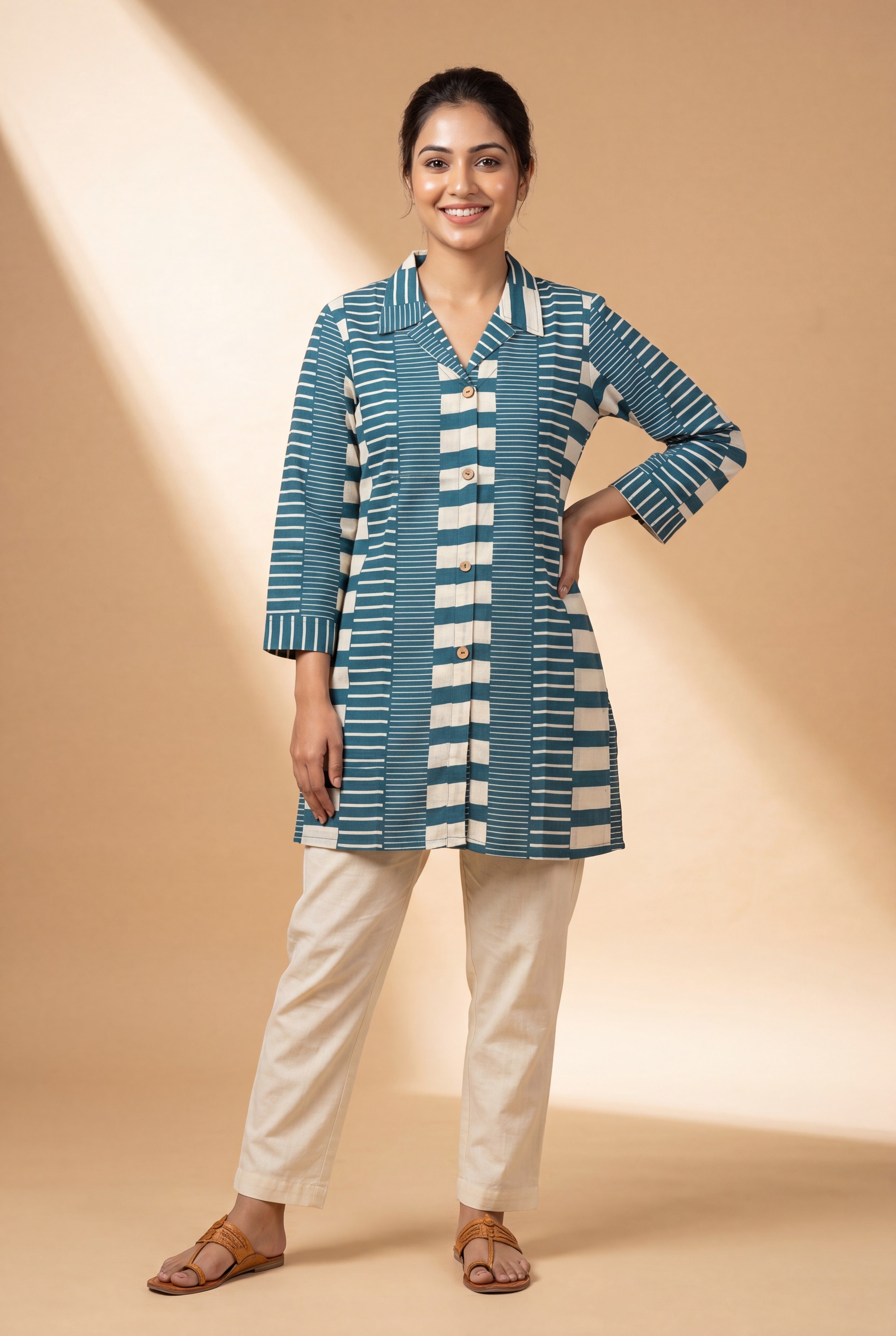 Blue Cotton Kurti with Geometric Stripe Print
