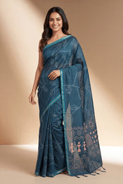 Blue Cotton Saree with Pastel Pink Warli print