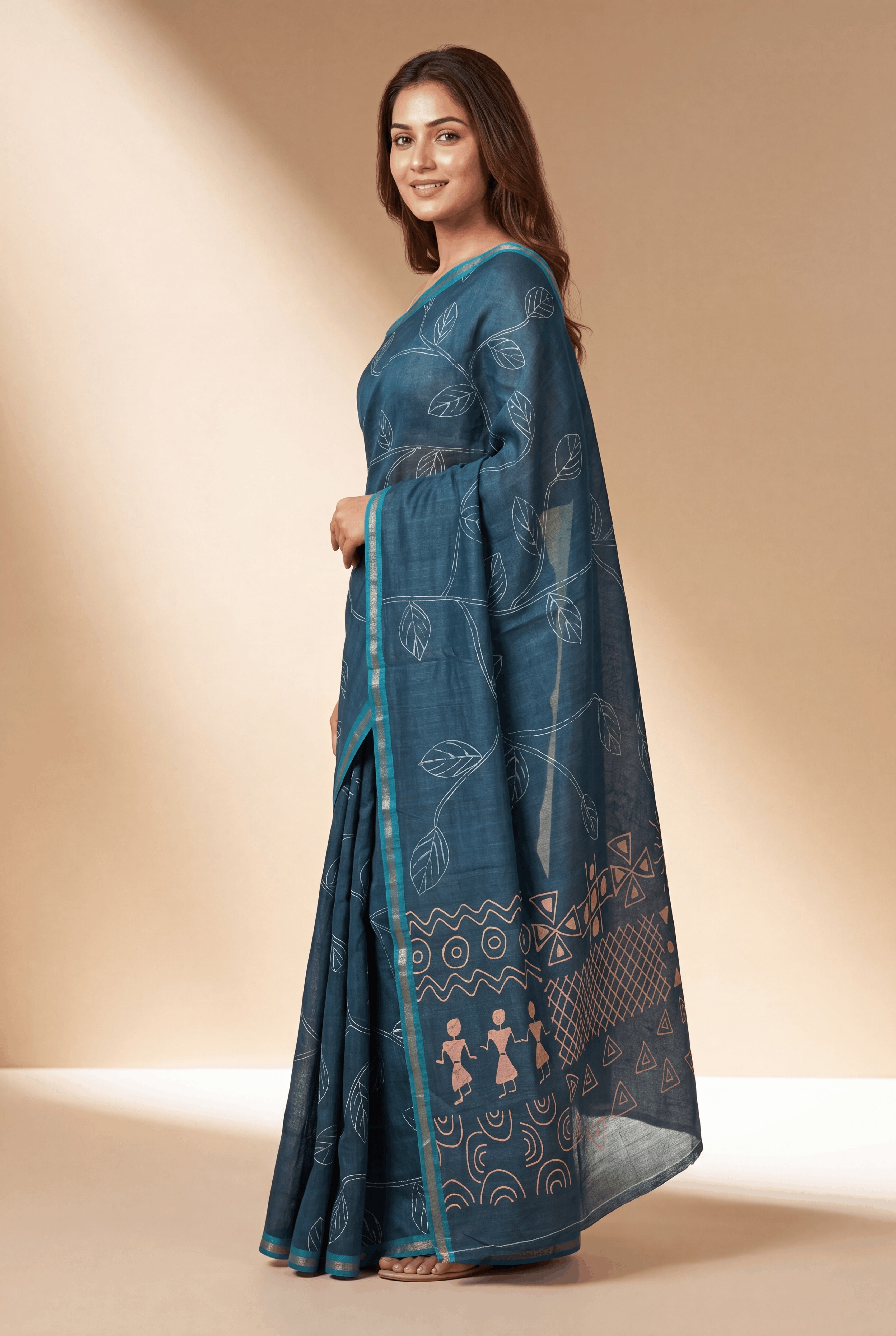 Blue Cotton Saree with Pastel Pink Warli print