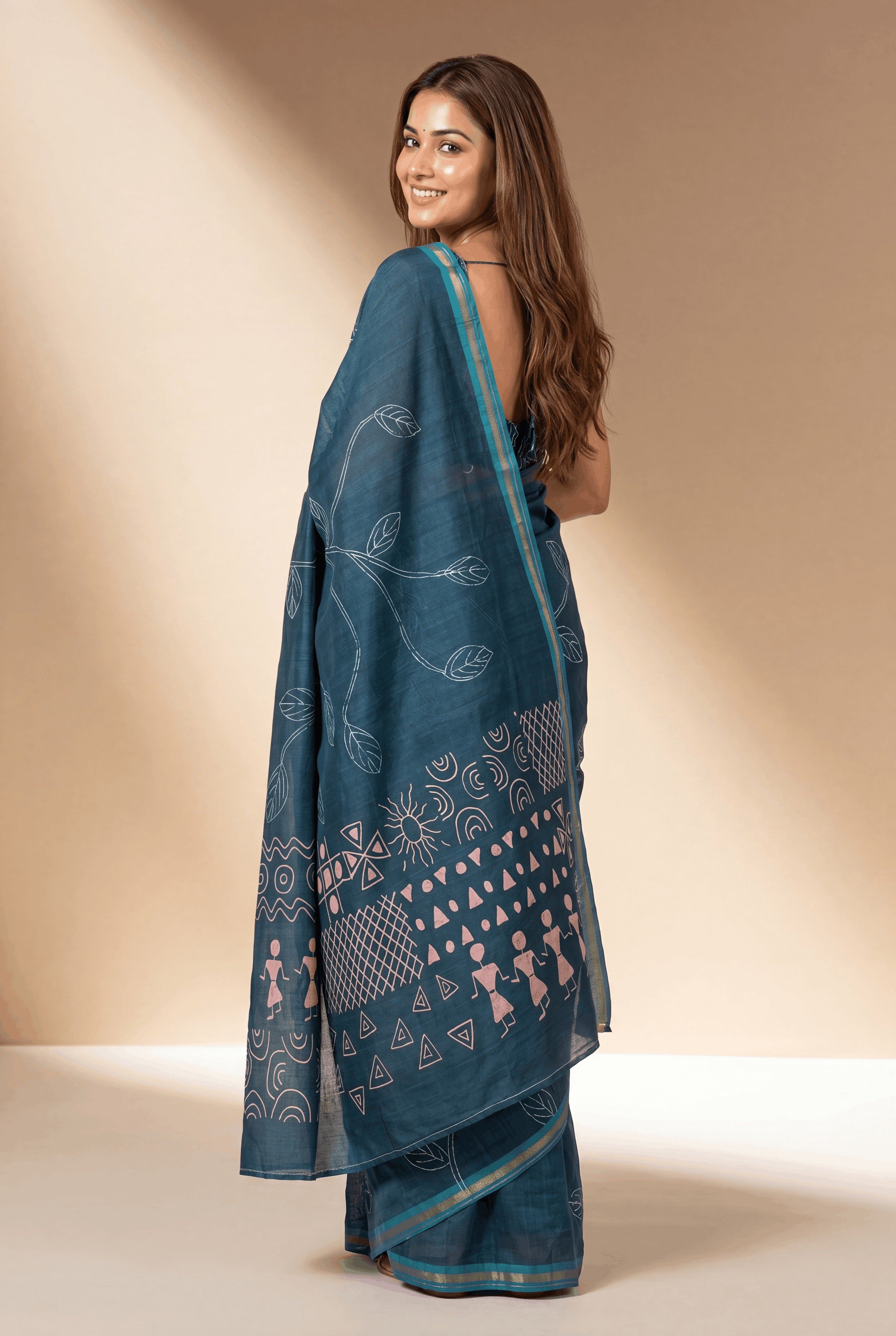 Blue Cotton Saree with Pastel Pink Warli print