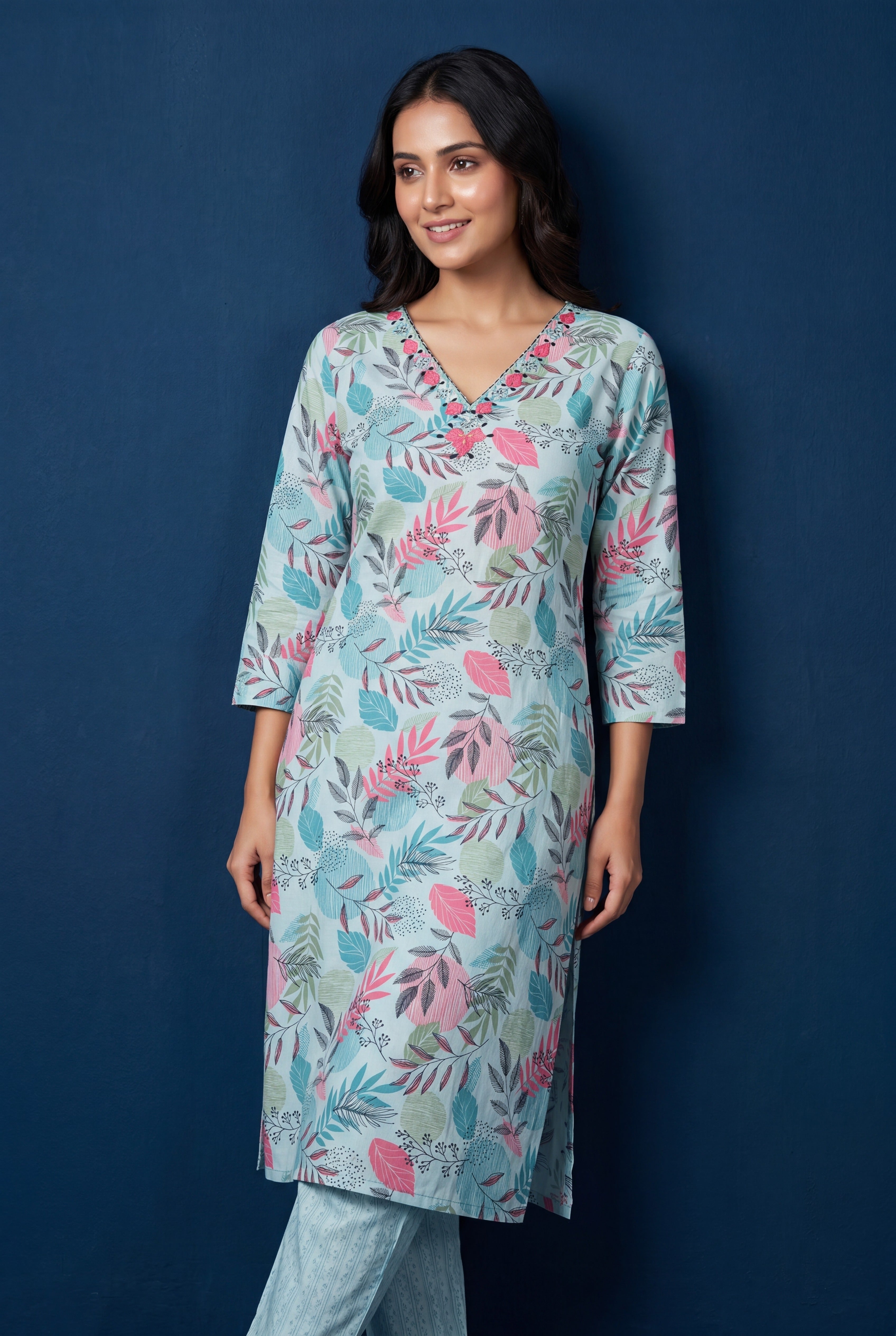 Blue Neelima Cotton Kurti with Botanical Leaf Print