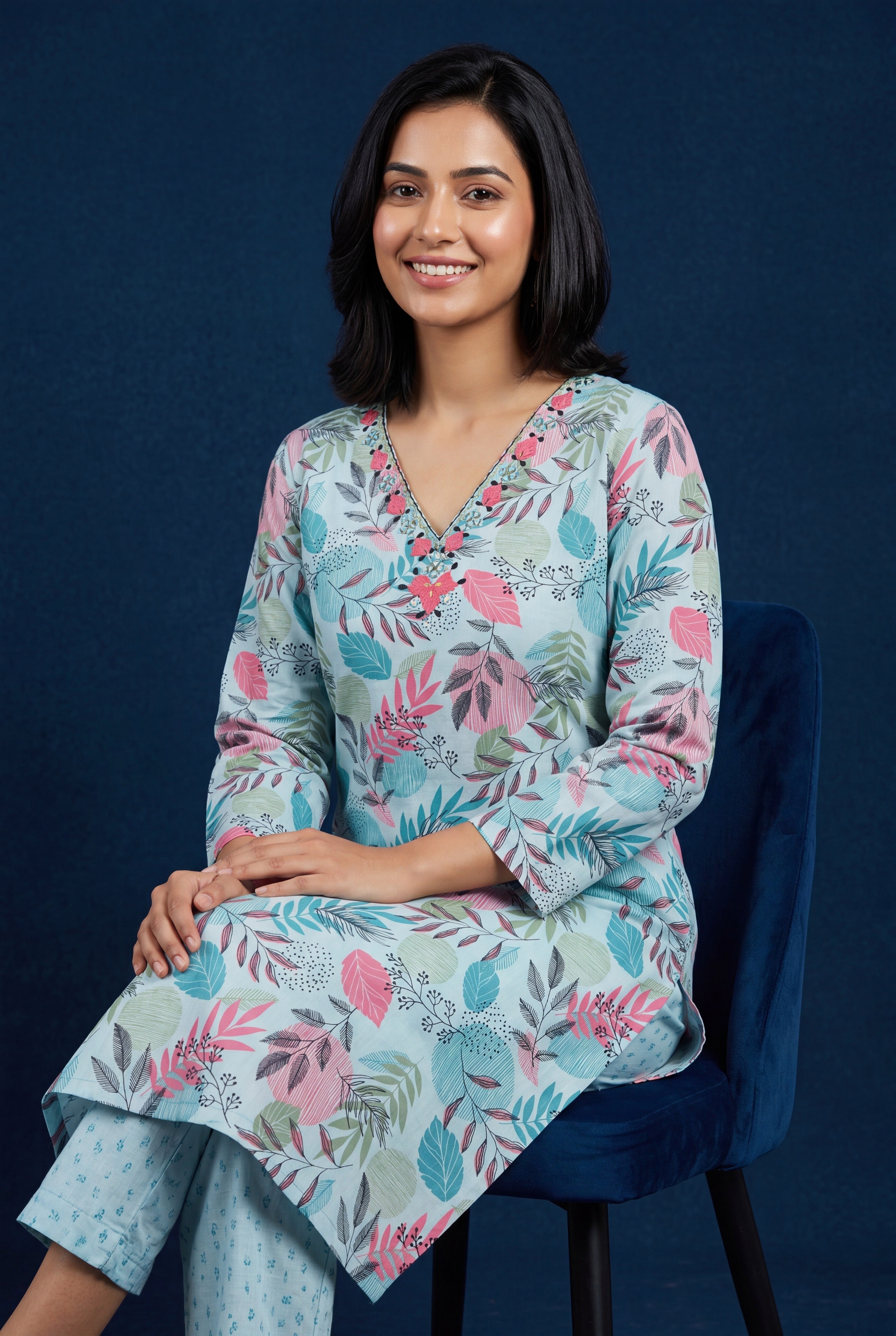 Blue Neelima Cotton Kurti with Botanical Leaf Print