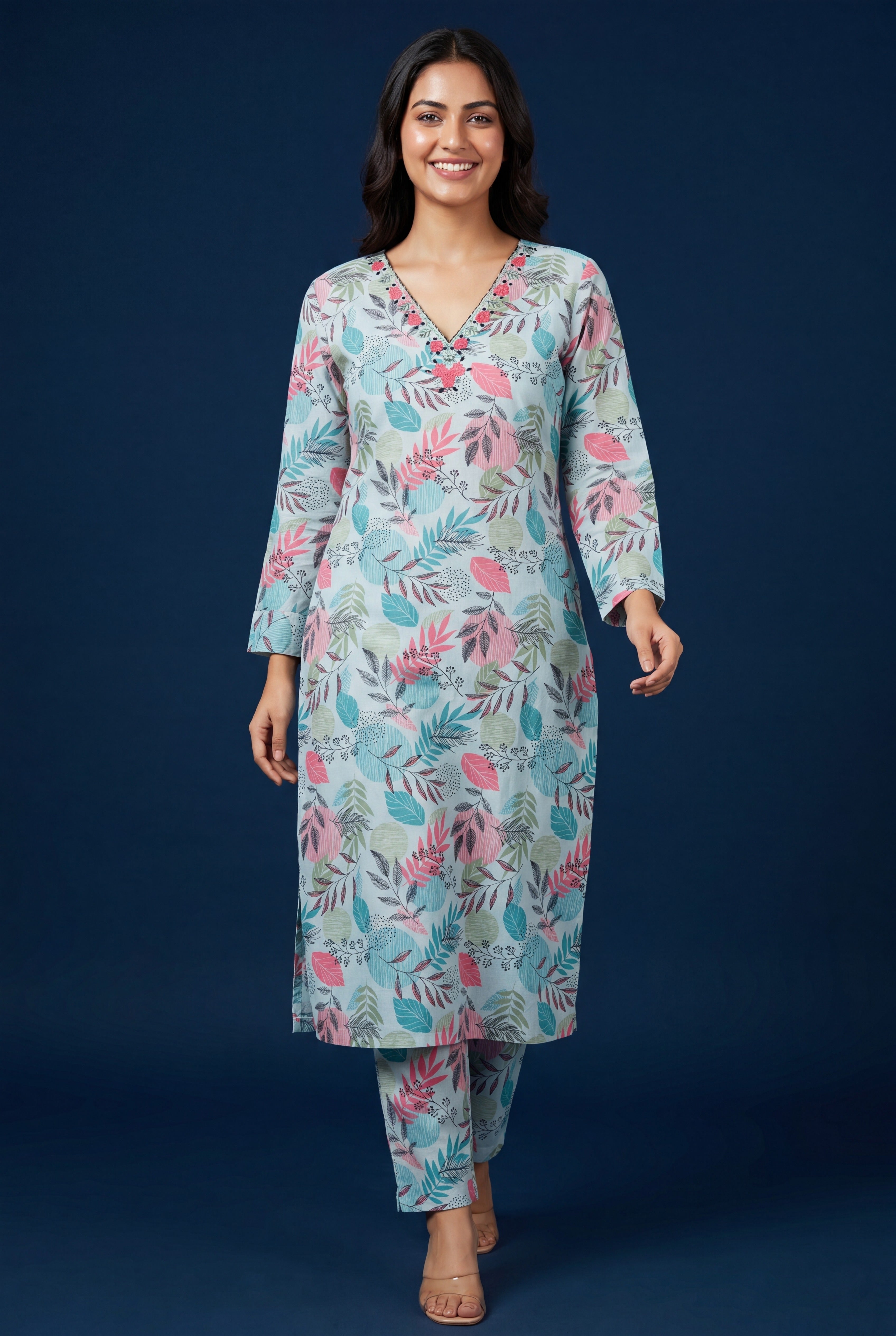 Blue Neelima Cotton Kurti with Botanical Leaf Print