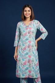 Blue Neelima Cotton Kurti with Botanical Leaf Print
