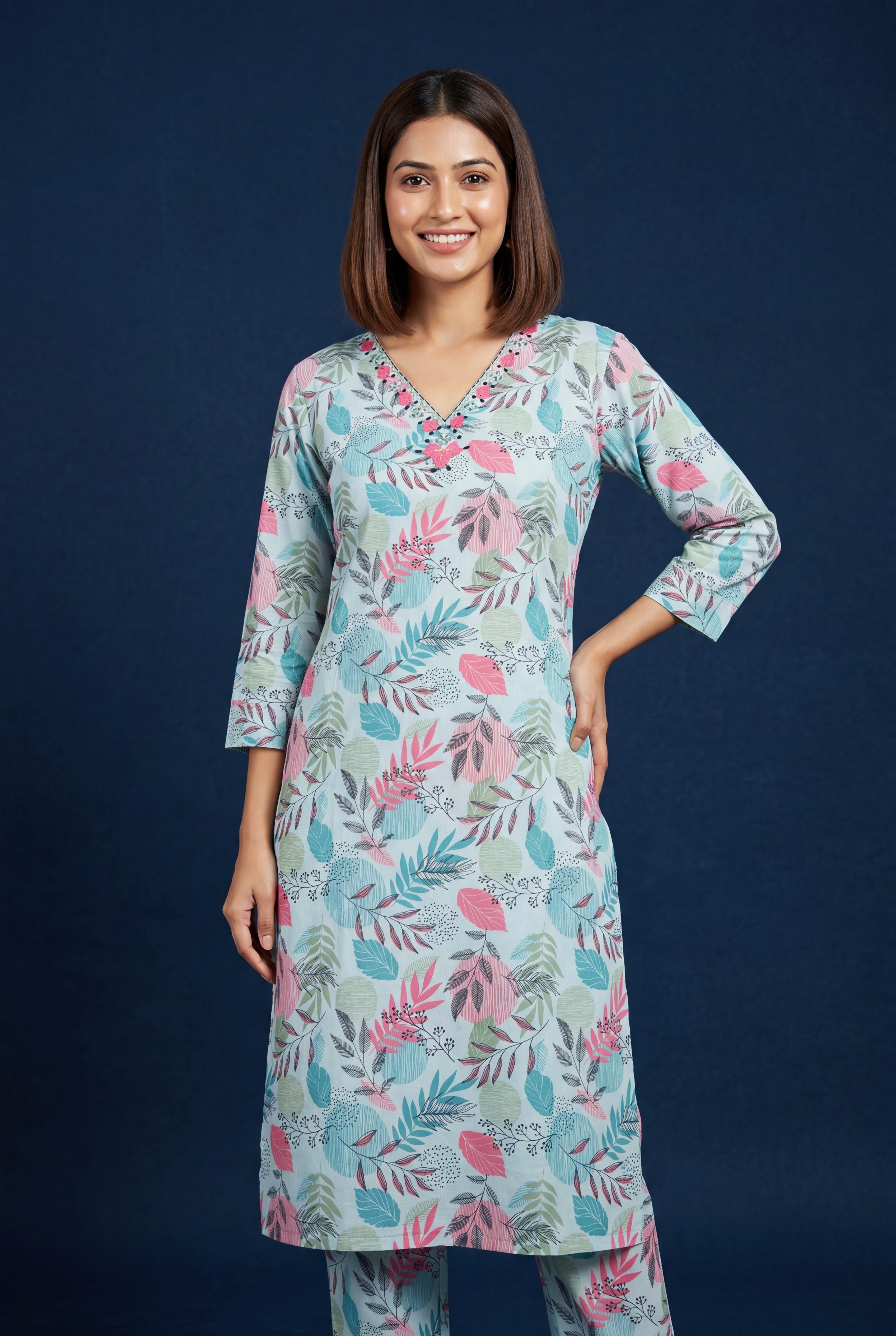 Blue Neelima Cotton Kurti with Botanical Leaf Print
