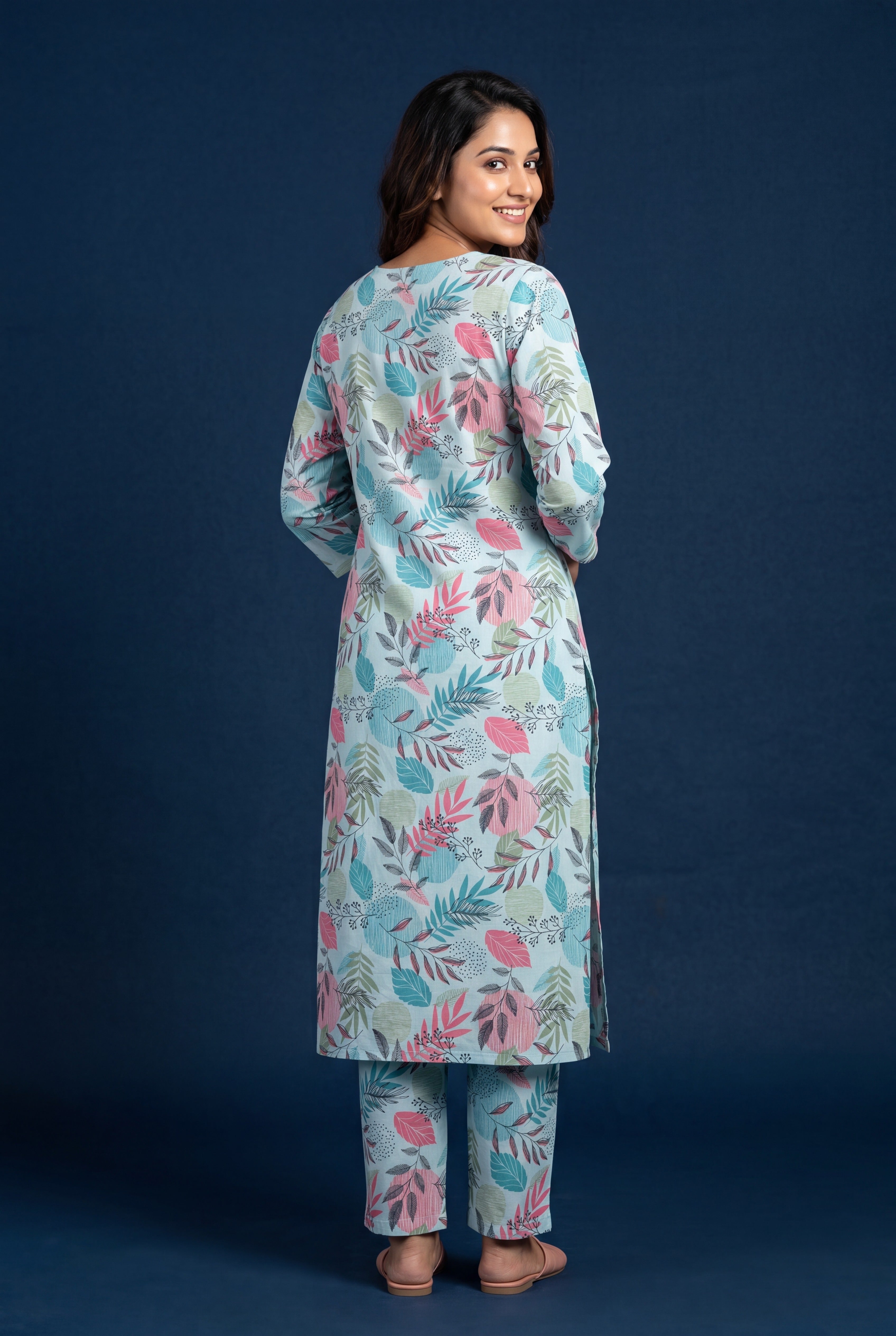 Blue Neelima Cotton Kurti with Botanical Leaf Print