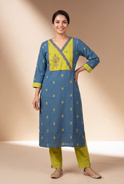 Blue Ratna Kurti with Lime green Ikkat print and Patchwork neck