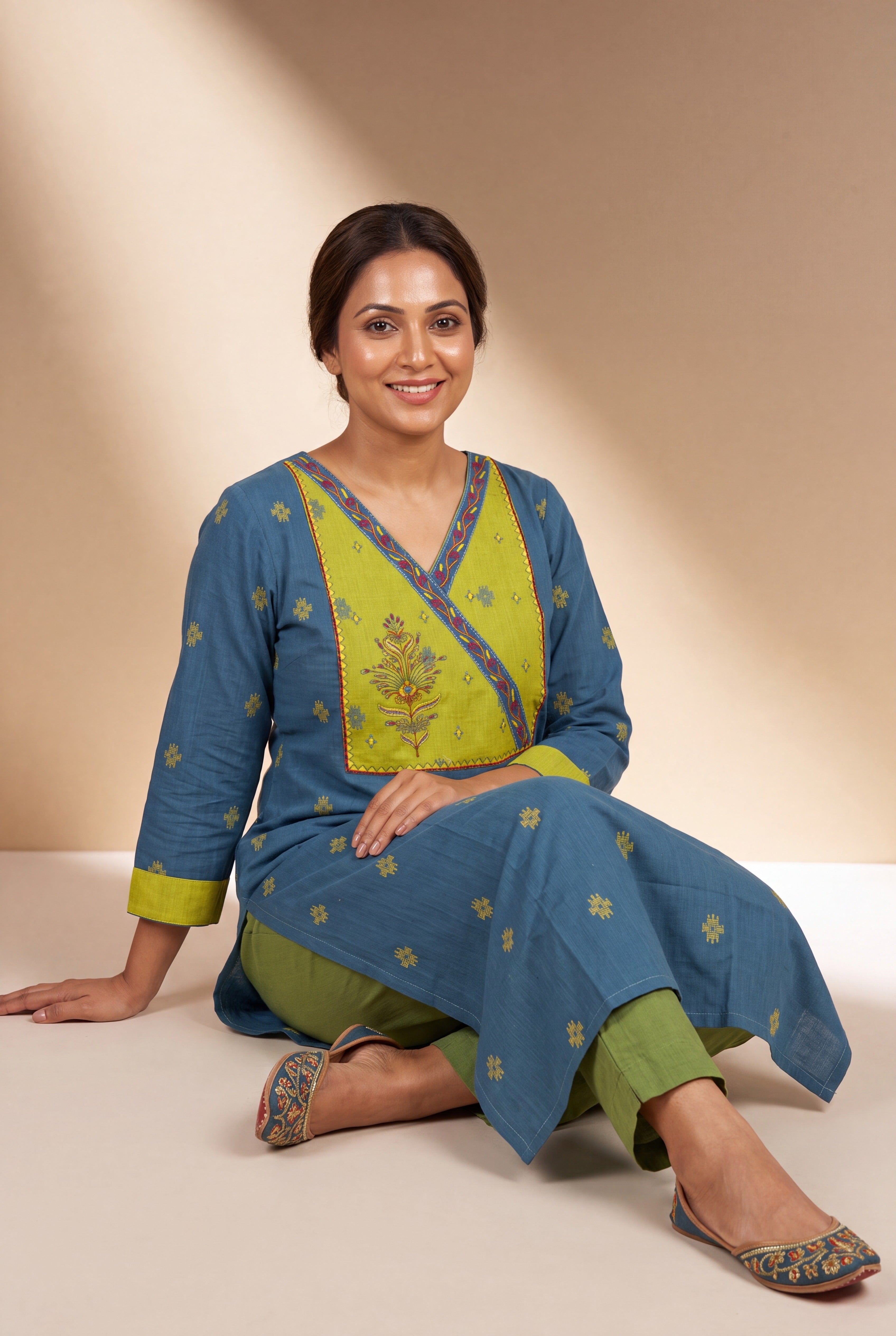 Blue Ratna Kurti with Lime green Ikkat print and Patchwork neck