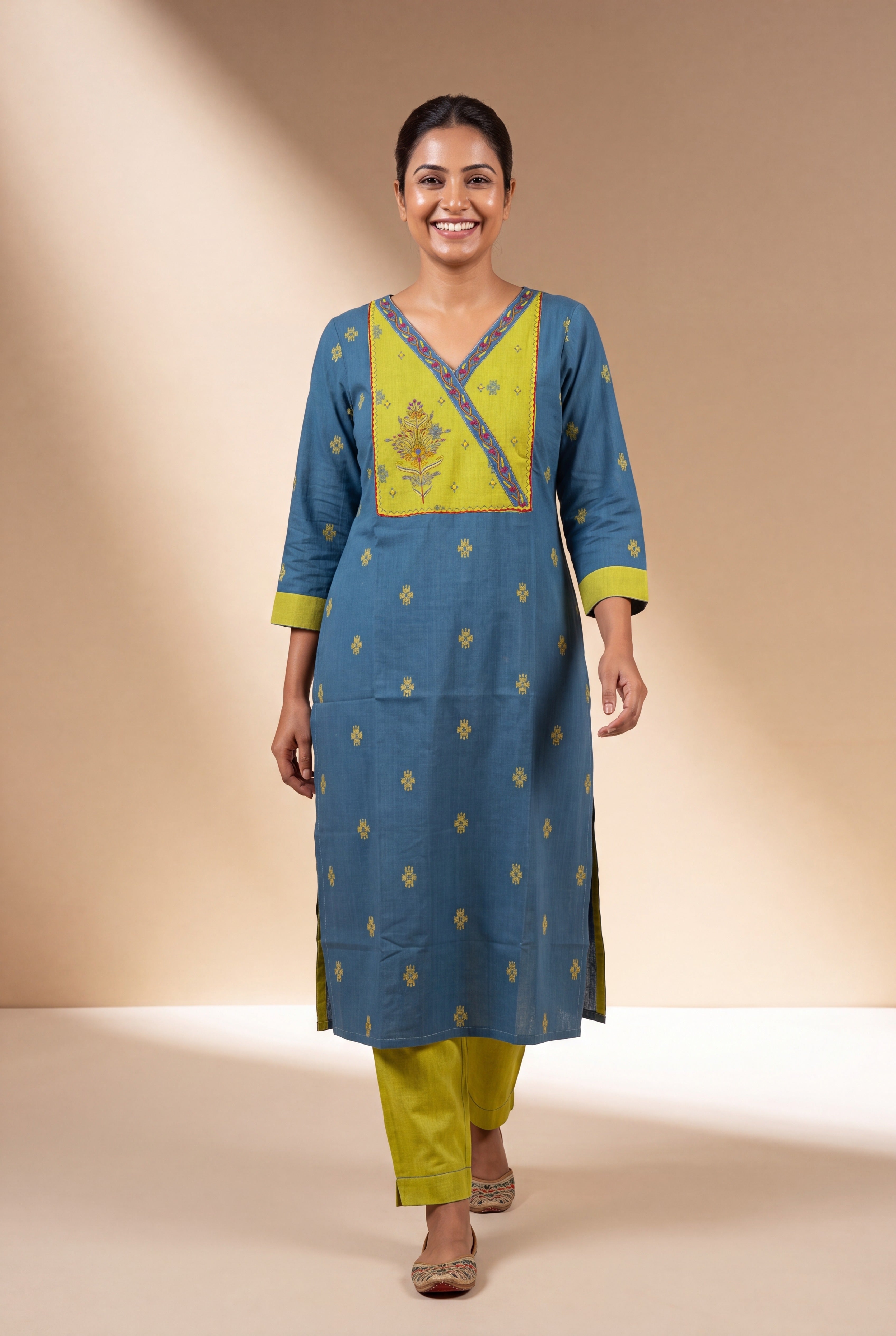 Blue Ratna Kurti with Lime green Ikkat print and Patchwork neck
