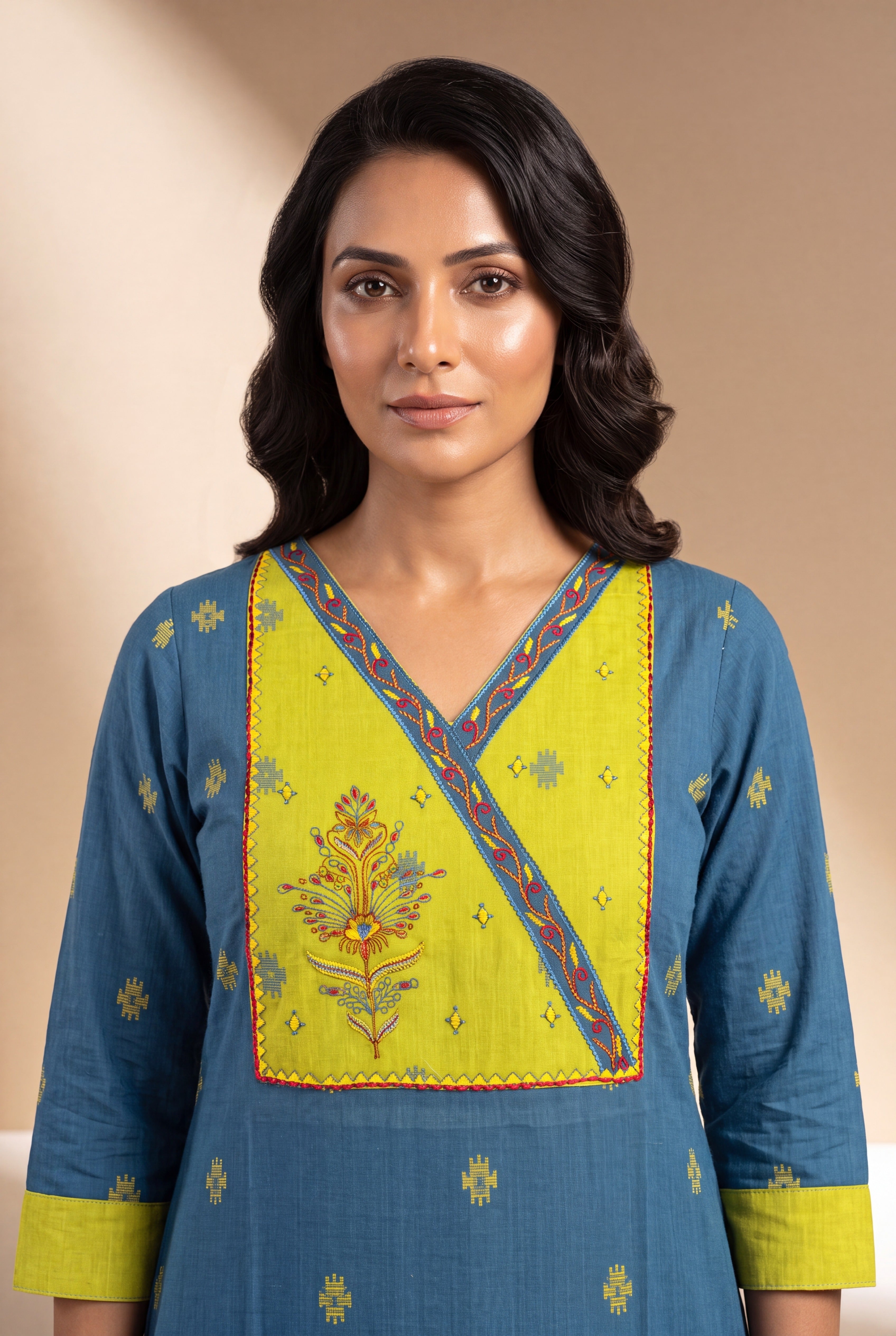 Blue Ratna Kurti with Lime green Ikkat print and Patchwork neck