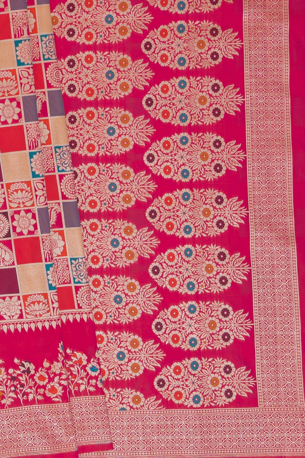 Blush Peach Katan Silk Banarasi Saree with Multi Checks and Rang Kaad Pallu