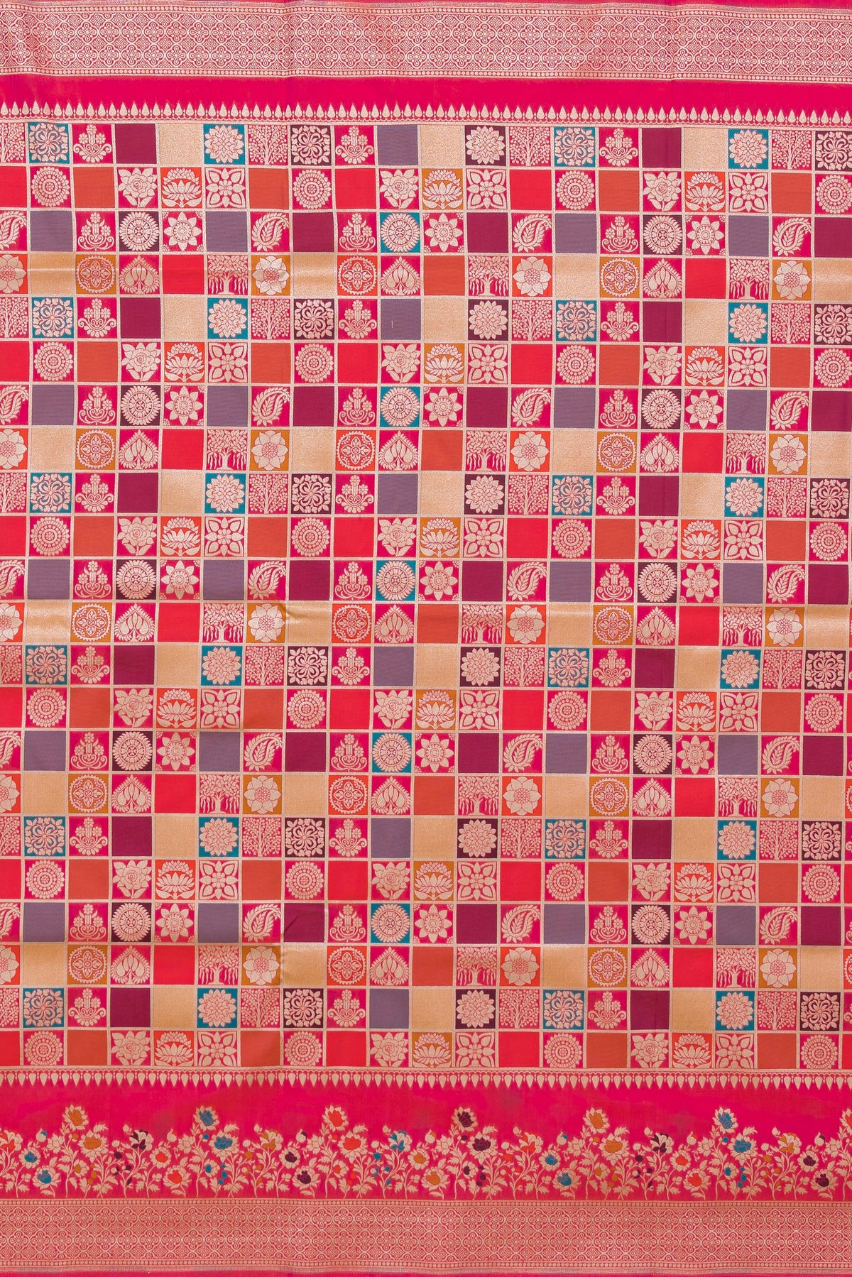 Blush Peach Katan Silk Banarasi Saree with Multi Checks and Rang Kaad Pallu