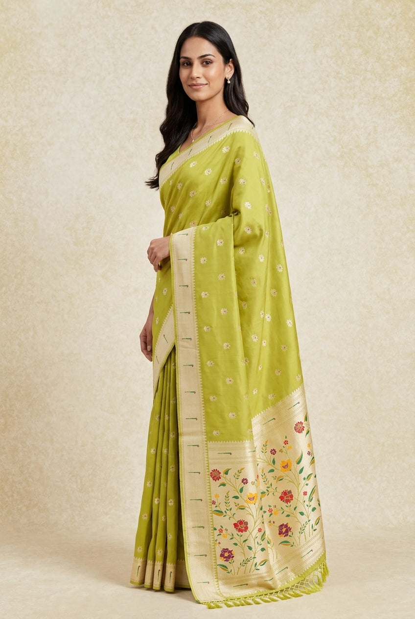 Parrot Green Katan Silk Paithani Saree with Rose Meena butti, Munya border and Brocade blouse