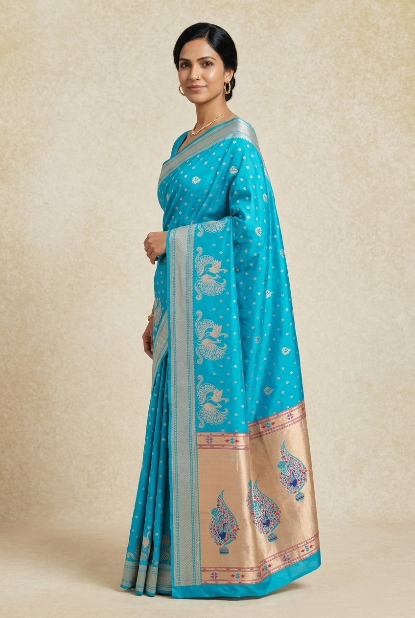 Ferozi Blue Apurva Silk Paithani Saree with Meena butti, gold zari and Ṣaṭmayūrapallu