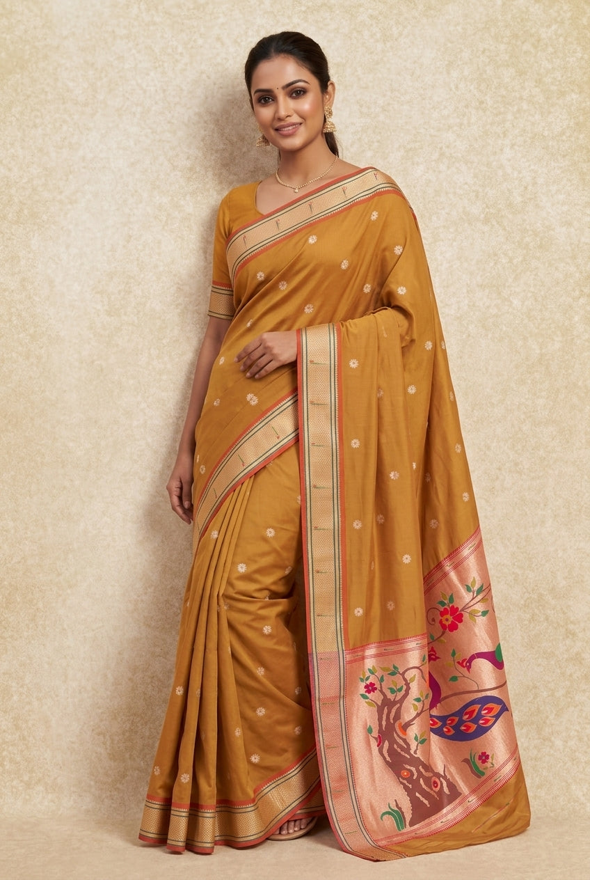 Mehndi Gold Katan Silk Paithani Saree with Meena butti, Muniya border and Dvi-Mayūra Vrikṣa