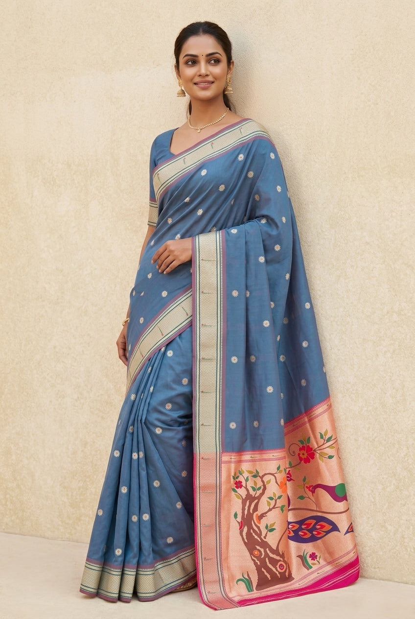 Dhoop Chaon Morpankhi Blue Katan Silk Paithani Saree with Meena butti, Muniya border and Dvi-Mayūra Vrikṣa