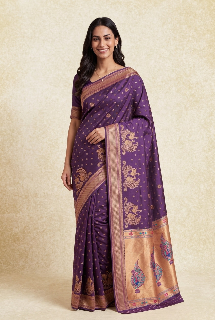 Plum Purple Apurva Silk Paithani Saree with Meena butti, gold zari and Ṣaṭmayūrapallu
