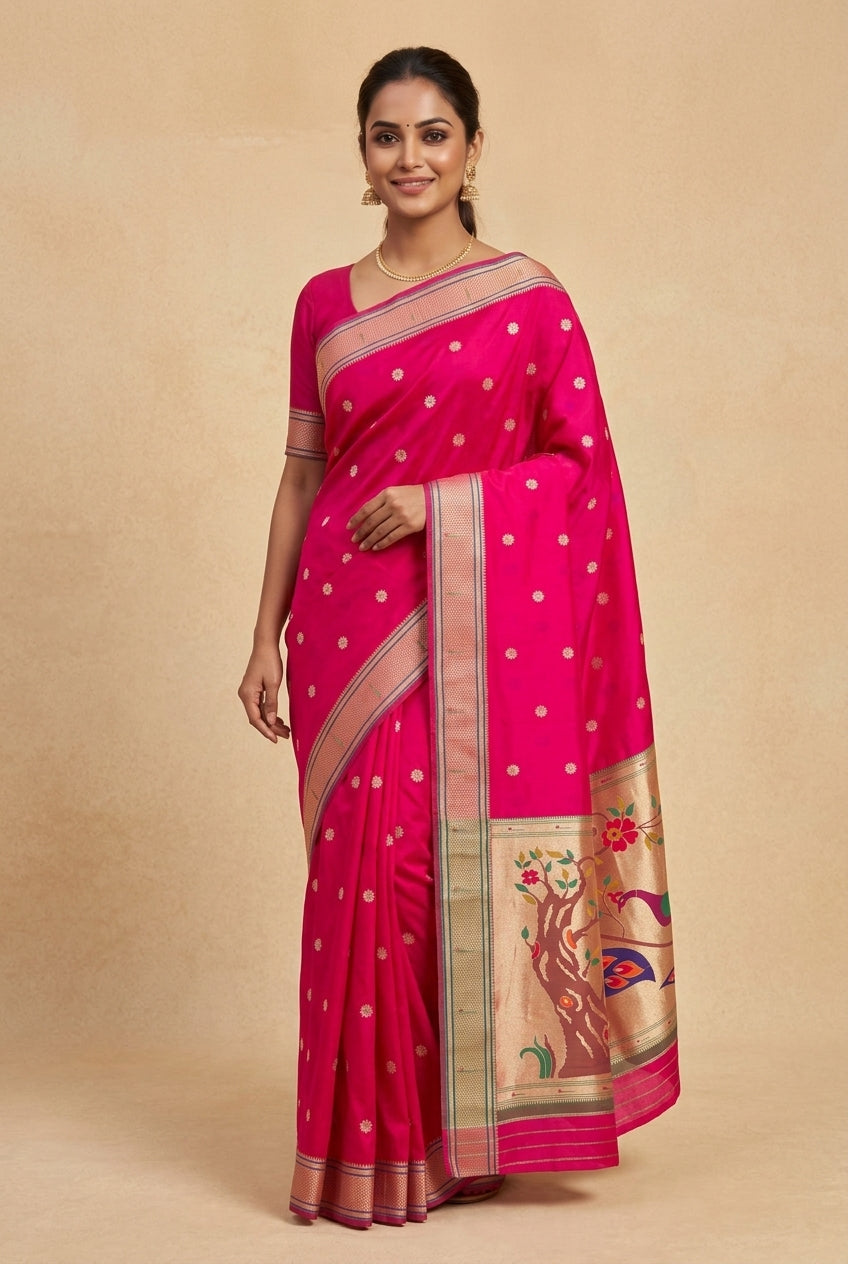 Rani Pink Katan Silk Paithani Saree with Meena butti, Muniya border and Dvi-Mayūra Vrikṣa