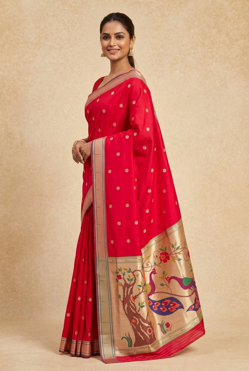 Royalty Red Katan Silk Paithani Saree with Meena butti, Muniya border and Dvi-Mayūra Vrikṣa