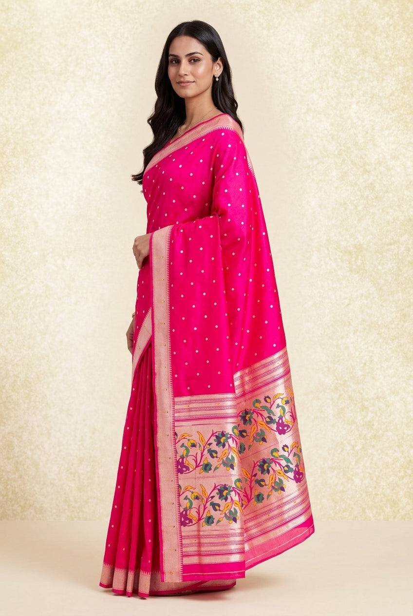 Berry Pink Apurva Silk Paithani Saree with Round gold zari butti, Multi colour Muniya border, Multi Pallu and Brocade blouse