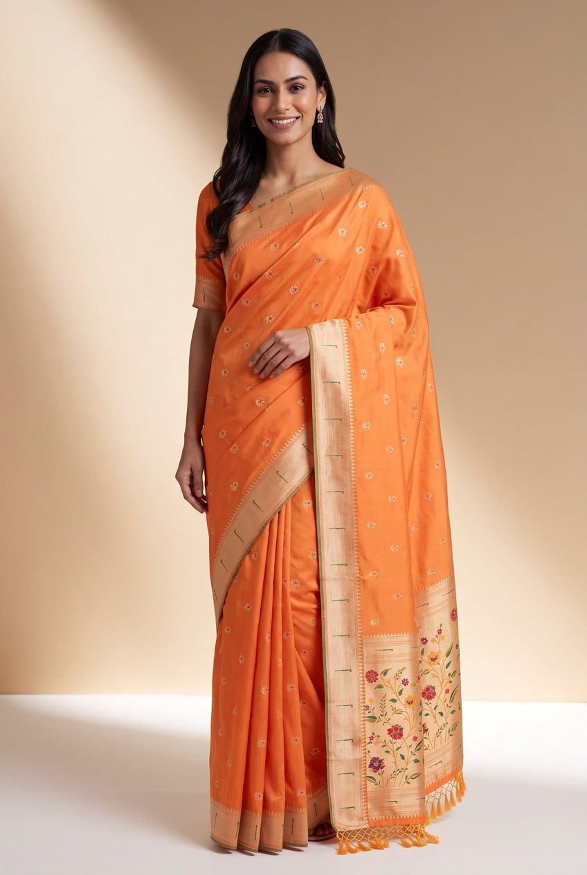 Kesari Orange Katan Silk Paithani Saree with Rose Meena butti, Munya border and Brocade blouse