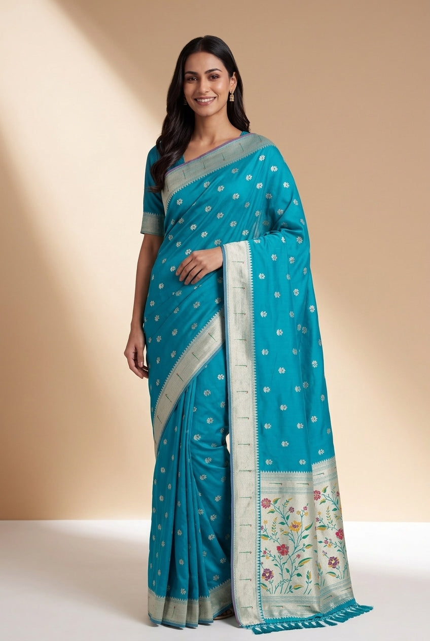 Morpankhi Blue Katan Silk Paithani Saree with Rose Meena butti, Munya border and Brocade blouse