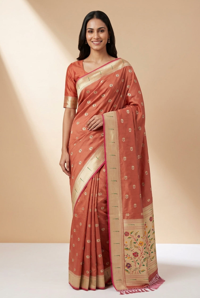 Dhoop Chaon Rust Katan Silk Paithani Saree with Rose Meena butti, Munya border and Brocade blouse