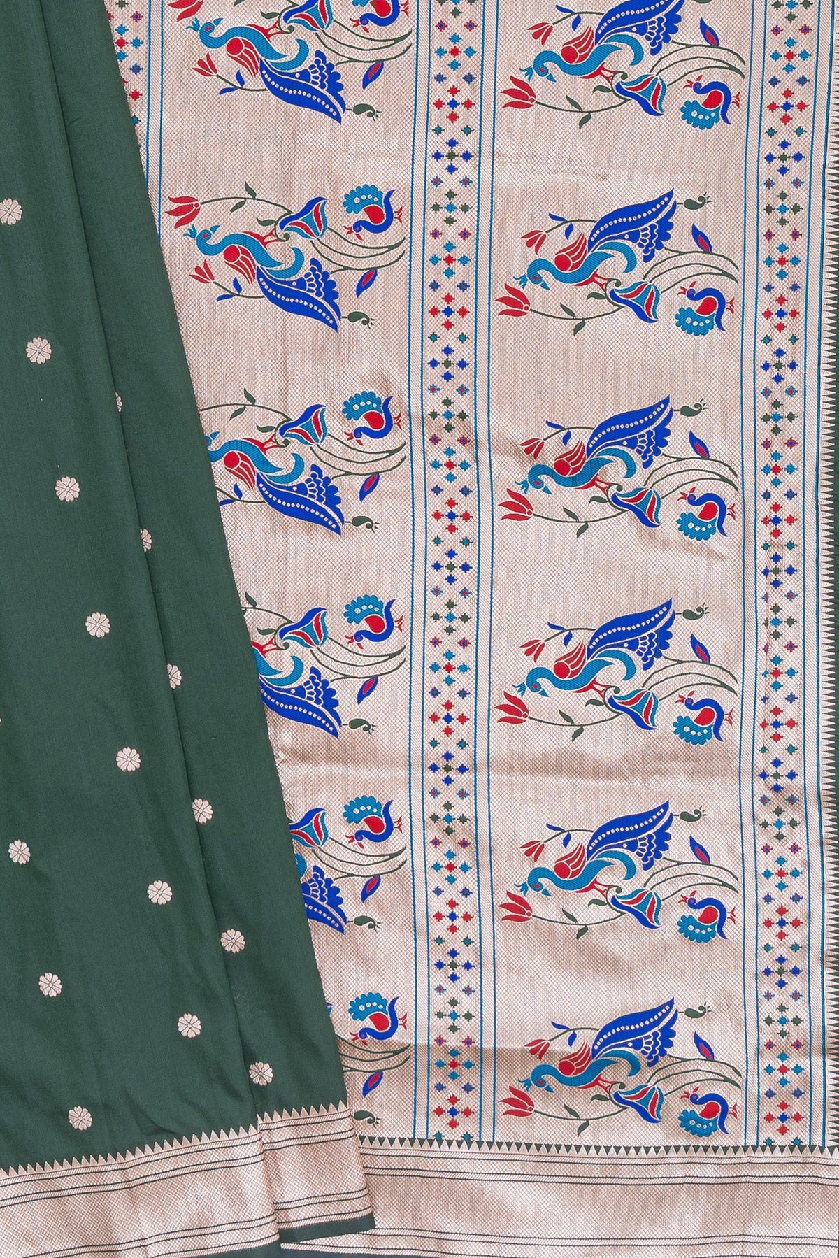Bottle Green Apurva Silk Paithani Saree with Chatai Border and Gold Zari Chaturdasha Mayura Pallu
