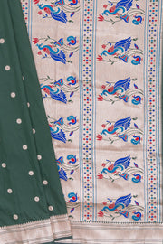Bottle Green Apurva Silk Paithani Saree with Chatai Border and Gold Zari Chaturdasha Mayura Pallu