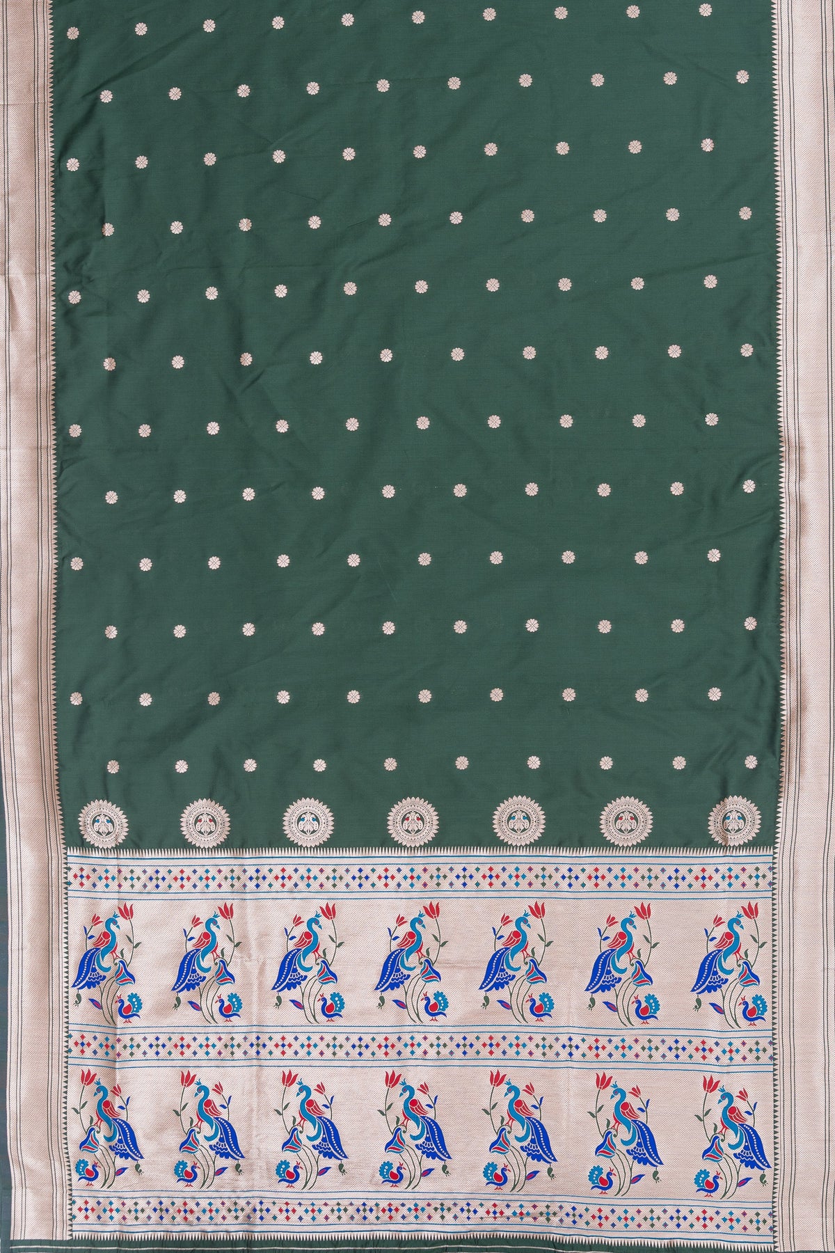 Bottle Green Apurva Silk Paithani Saree with Chatai Border and Gold Zari Chaturdasha Mayura Pallu
