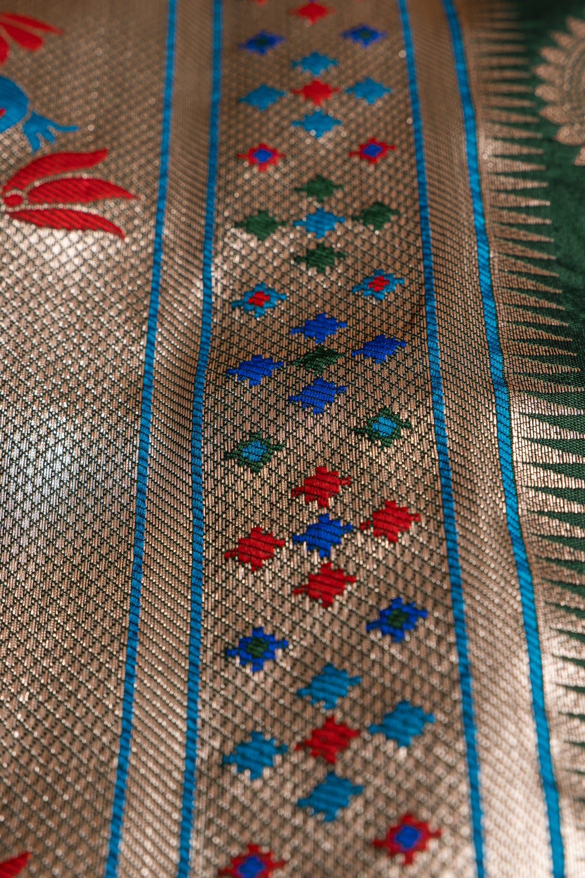 Bottle Green Apurva Silk Paithani Saree with Chatai Border and Gold Zari Chaturdasha Mayura Pallu