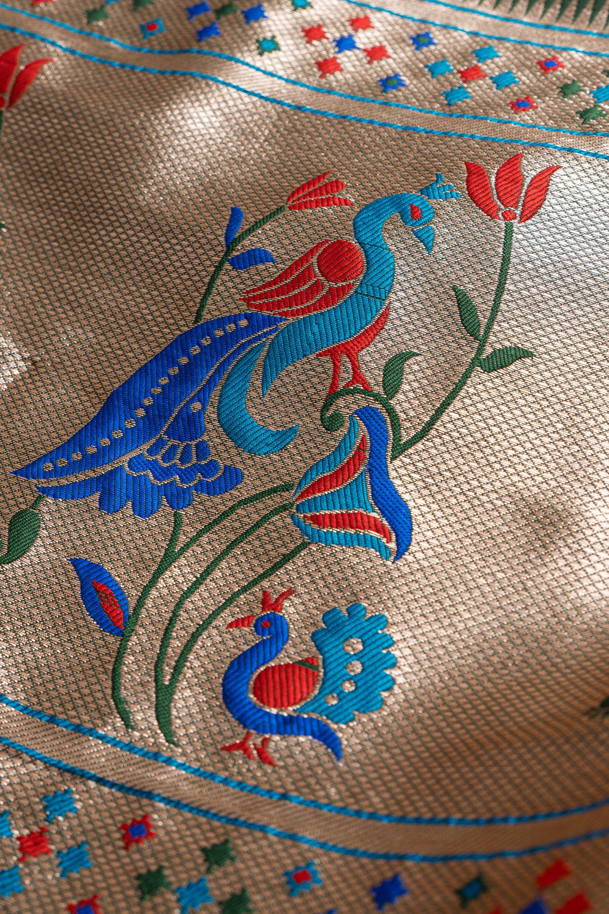 Bottle Green Apurva Silk Paithani Saree with Chatai Border and Gold Zari Chaturdasha Mayura Pallu