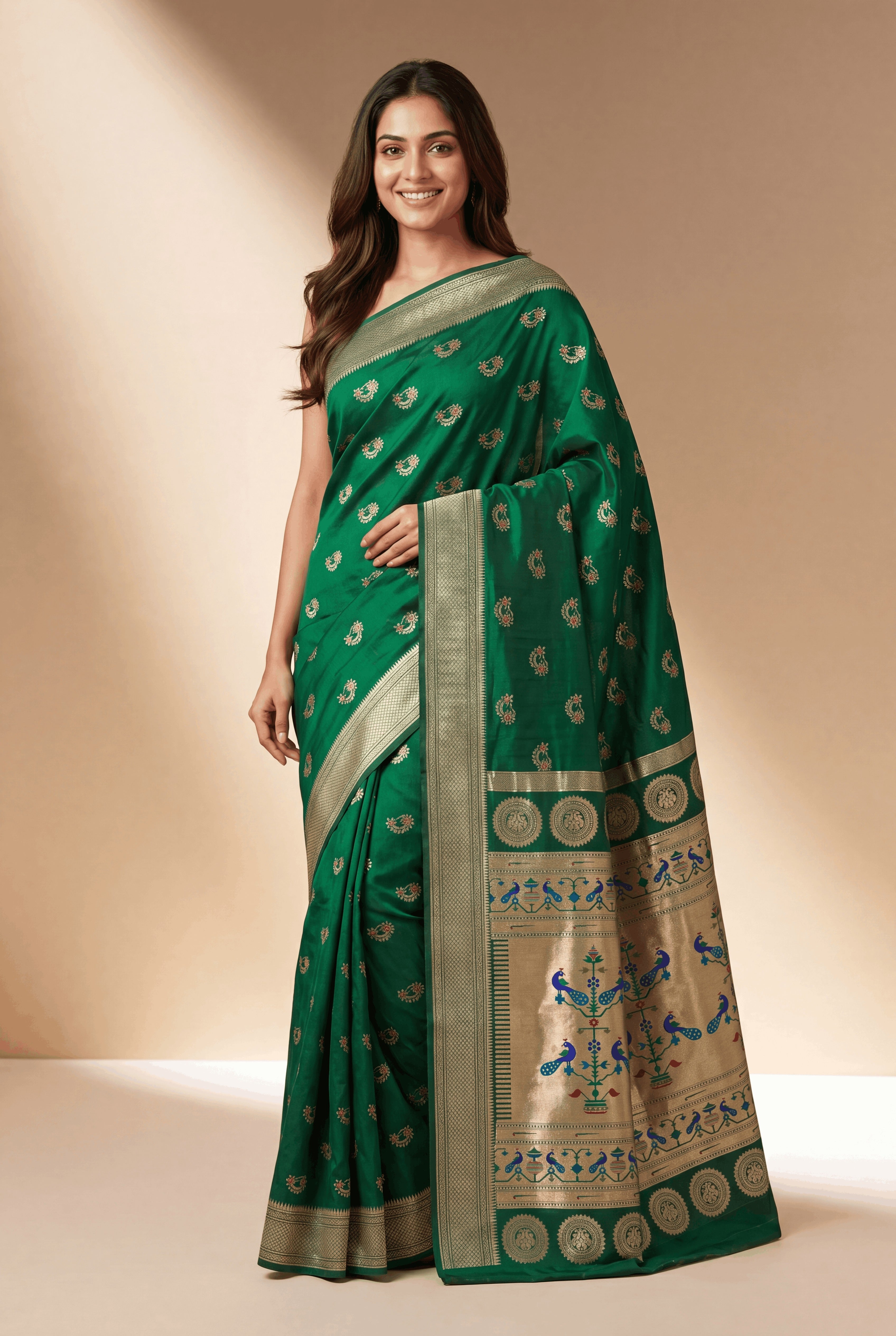 Bottle Green Apurva Silk Paithani Saree with Nath butti