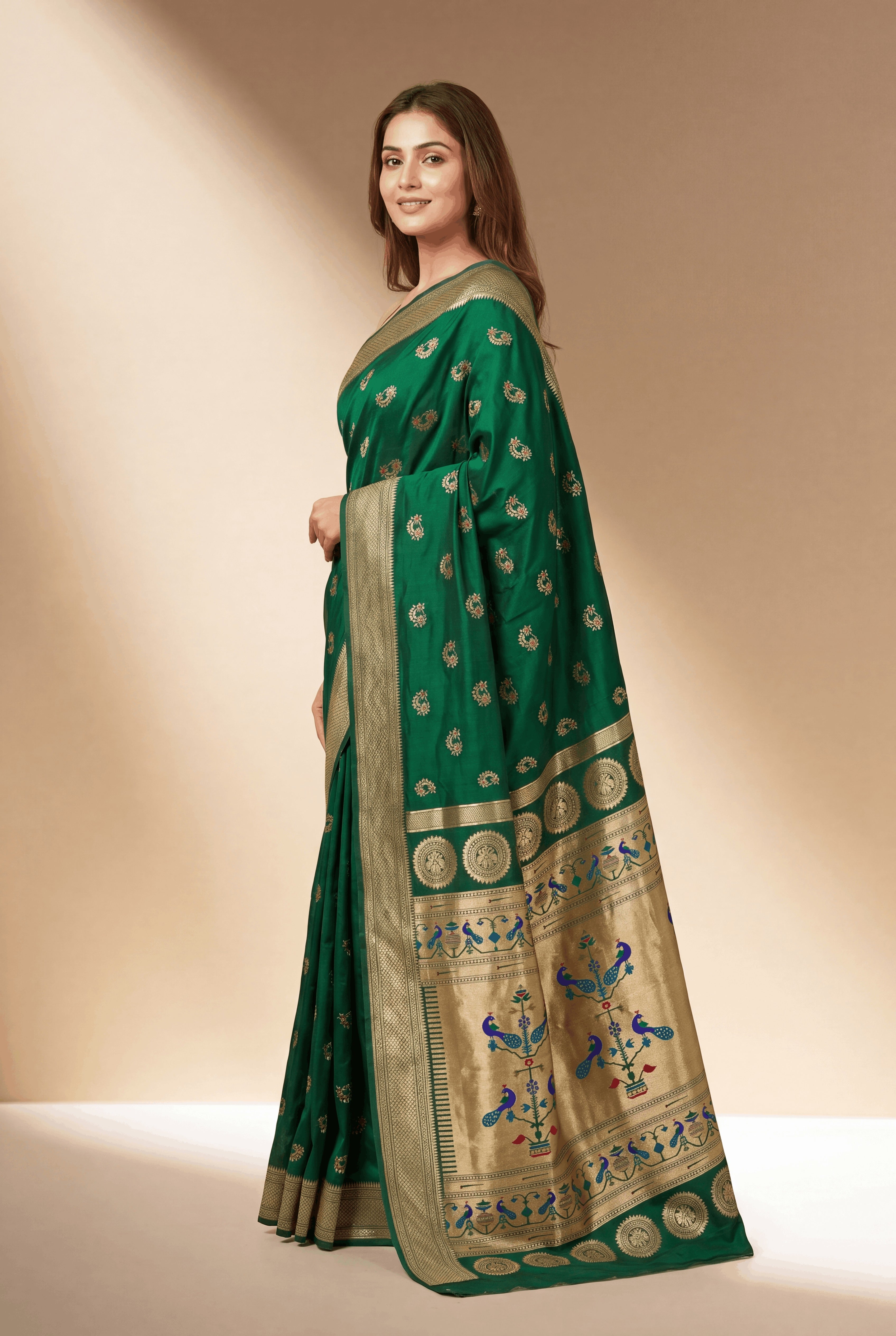 Bottle Green Apurva Silk Paithani Saree with Nath butti