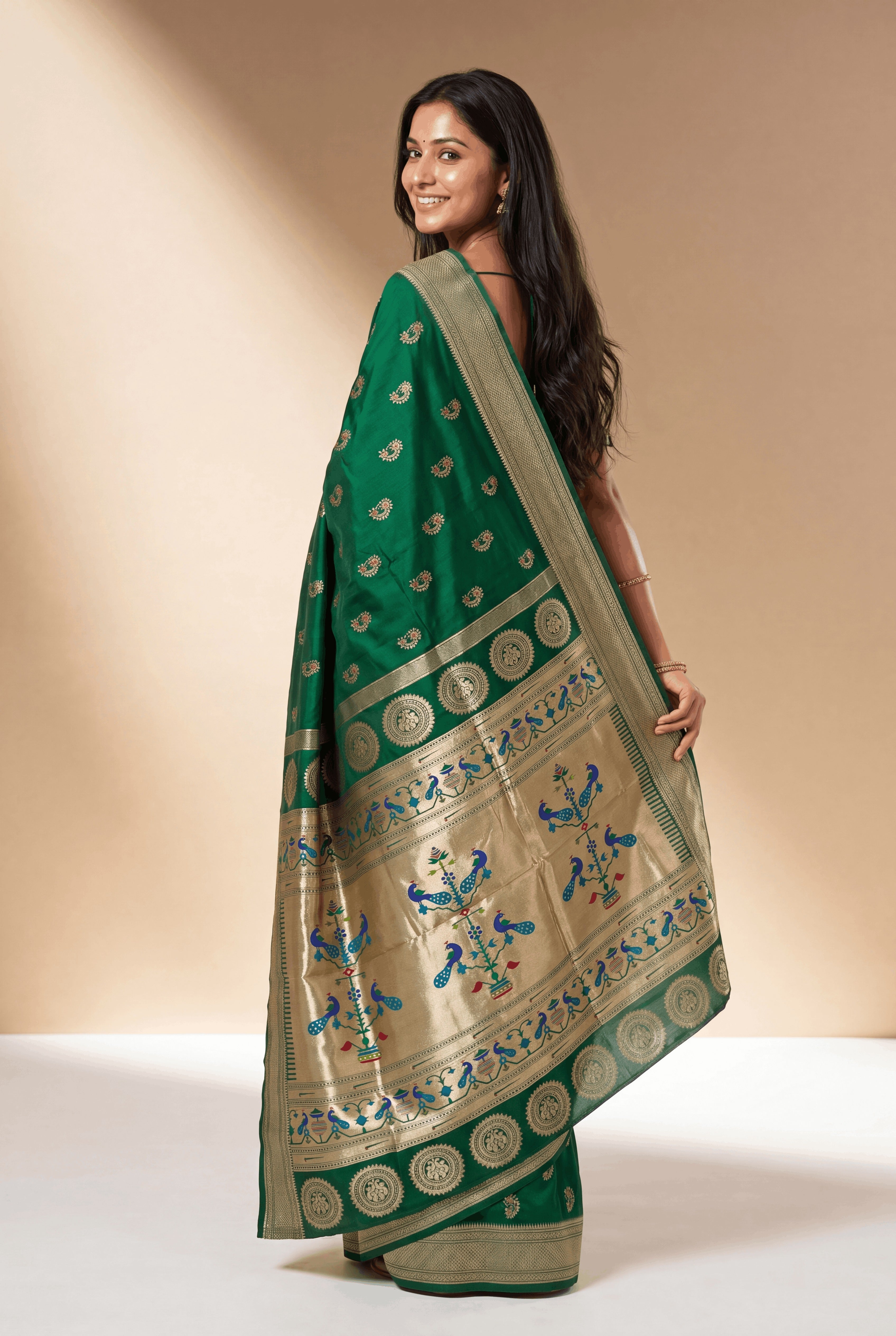 Bottle Green Apurva Silk Paithani Saree with Nath butti