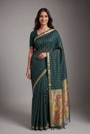 Bottle Green Jamdhani Cotton Paithani Saree with Zari Stripes and Sequins work