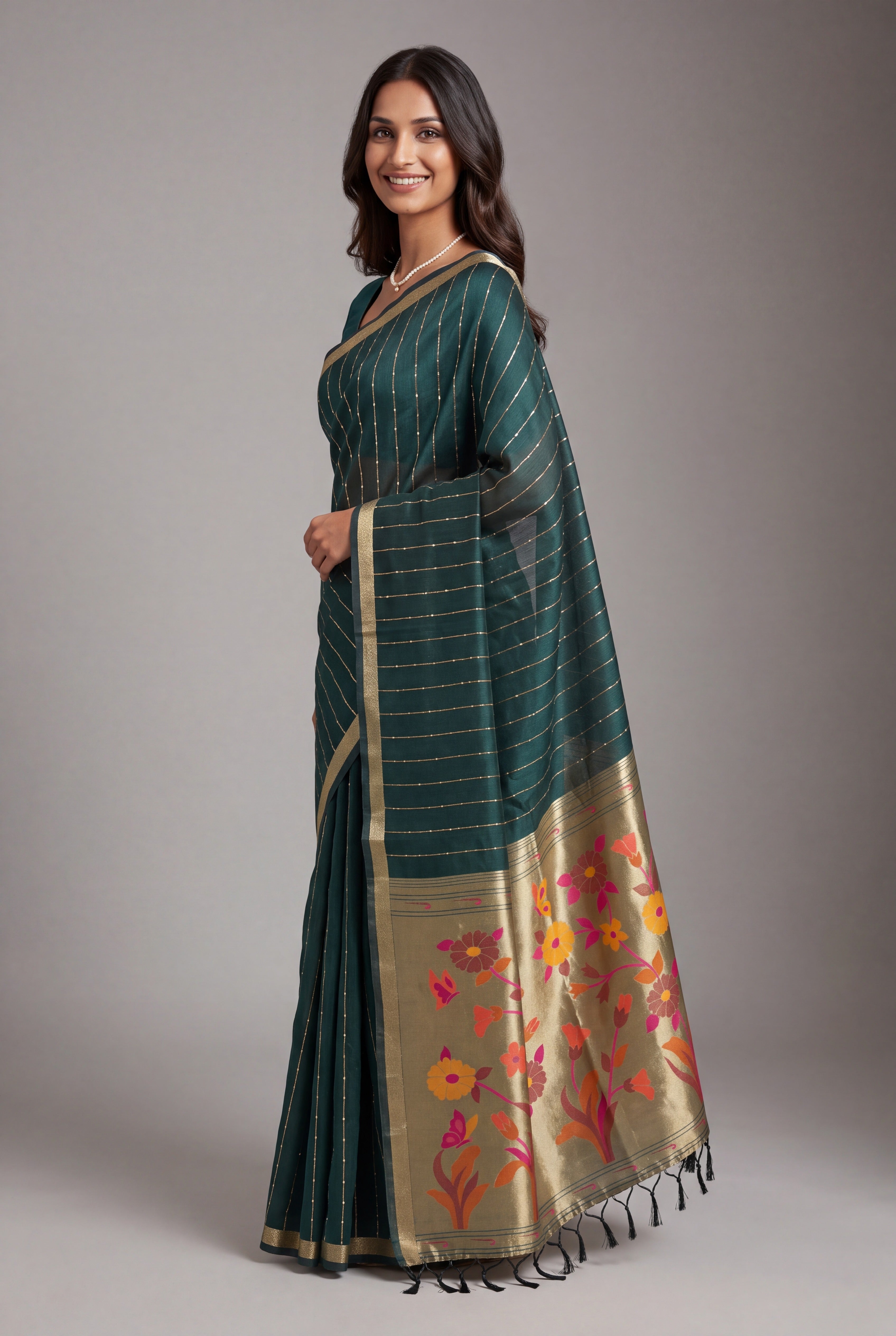 Bottle Green Jamdhani Cotton Paithani Saree with Zari Stripes and Sequins work