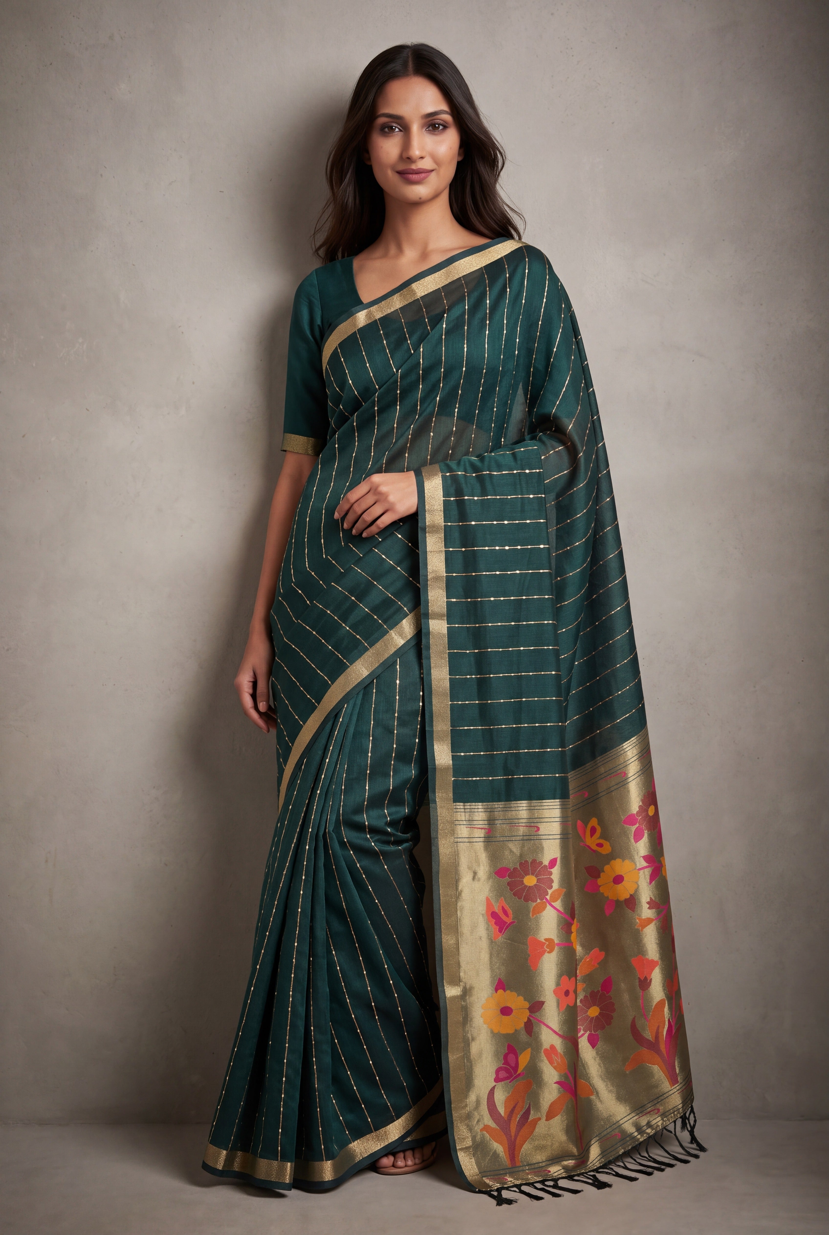 Bottle Green Jamdhani Cotton Paithani Saree with Zari Stripes and Sequins work