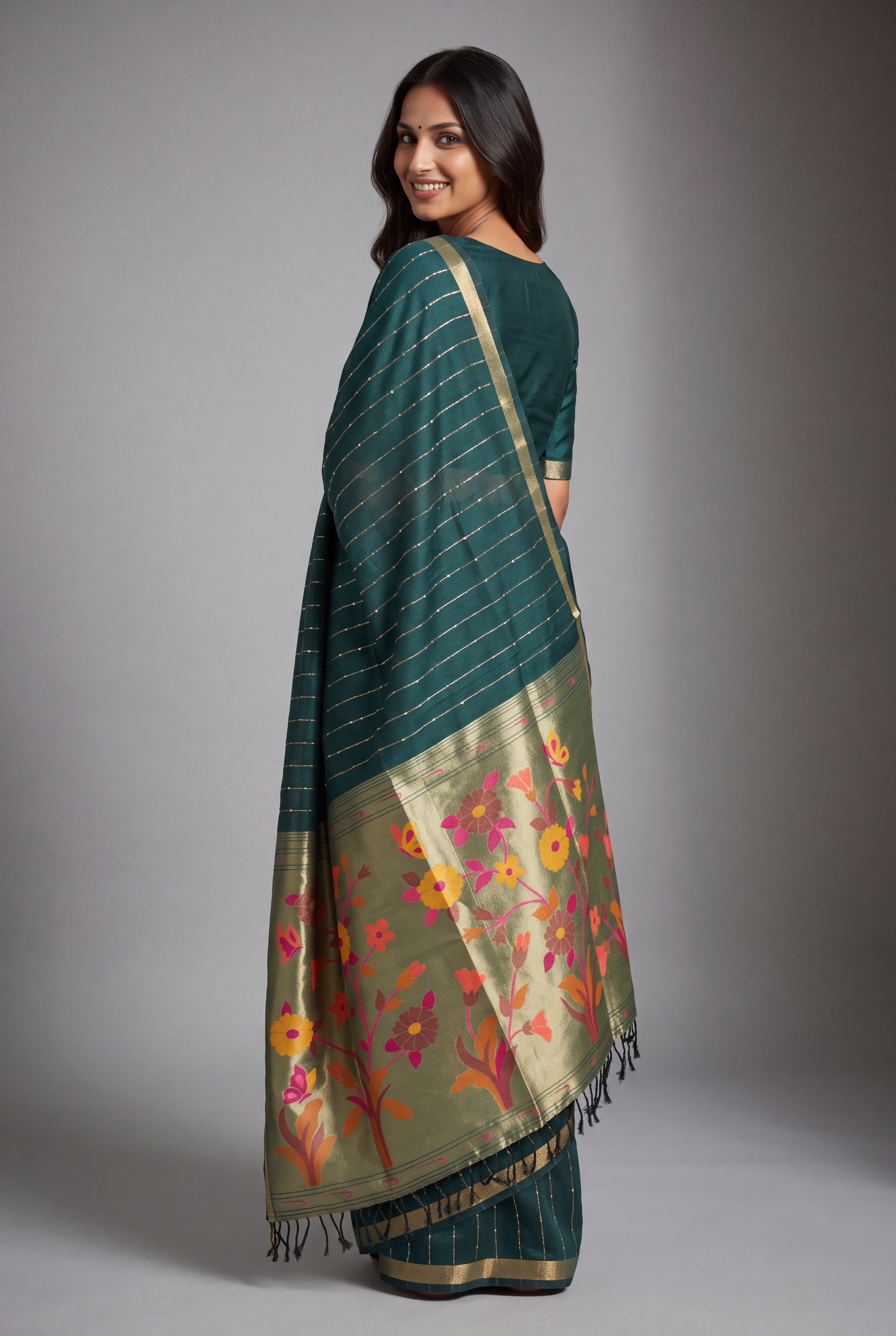 Bottle Green Jamdhani Cotton Paithani Saree with Zari Stripes and Sequins work