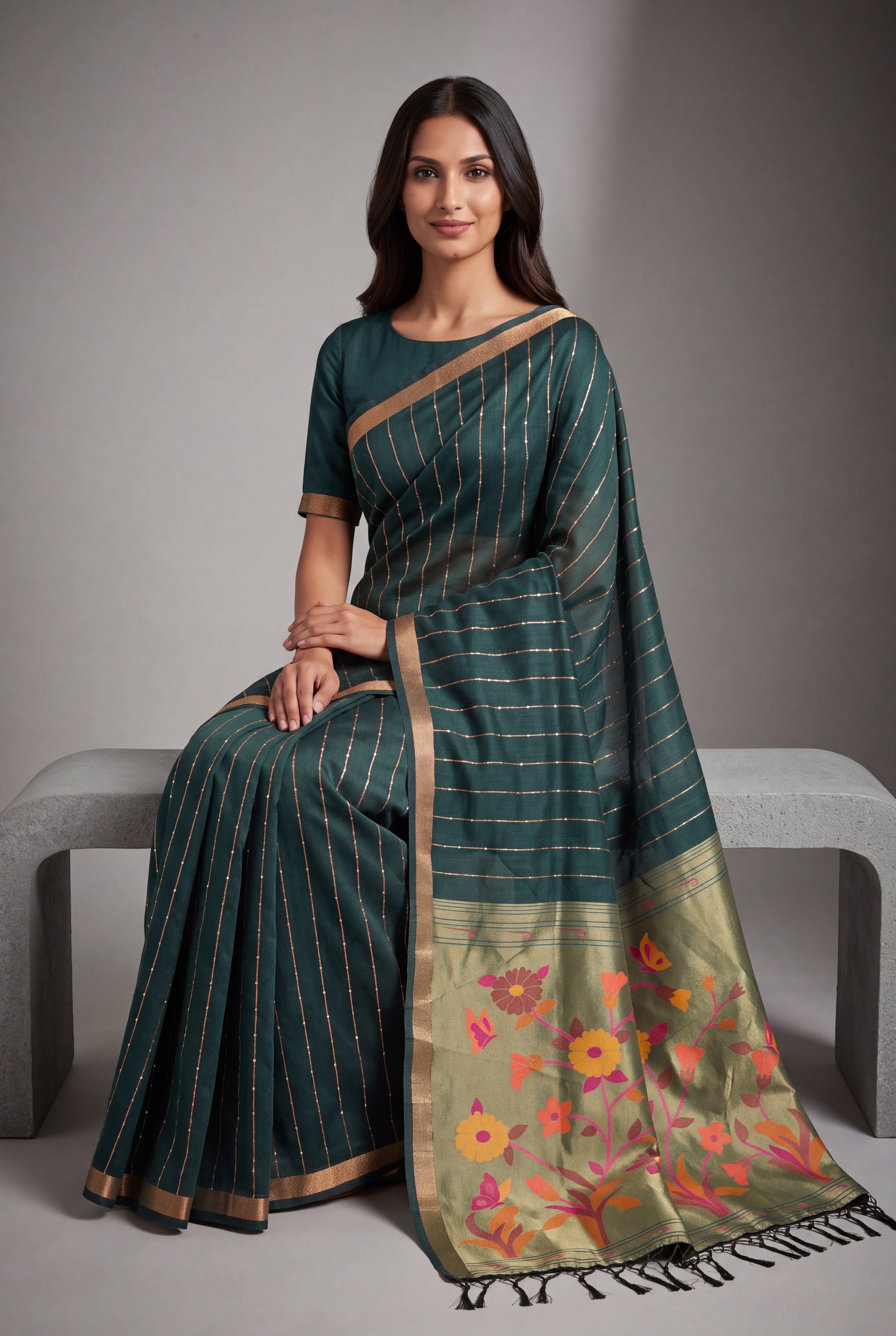 Bottle Green Jamdhani Cotton Paithani Saree with Zari Stripes and Sequins work